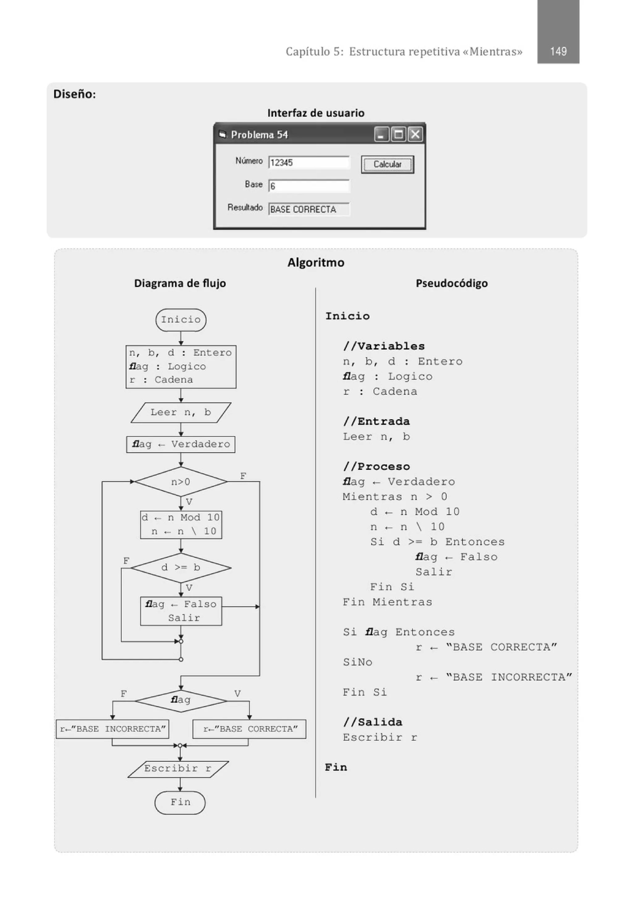 Diseño:
lr-" BASE
Capítulo 5: Estructura repetitiva «Mientras»
Interfaz de usuario
., Problema 54 rJ[QJ(g)
Número j12345
Base ls
Resulado !BASE CORRECT
A
Diagrama de flujo
(Inicio)
¡
n, b, d . Entero
.
flag . Logico
.
r . Cadena
.
!
j Leer n, b /
!
flag- verdadero
1
n>O
V
d ·- n Mod 10
n - n  10
l_
F
Algoritmo
Pseudocódigo
Inicio
//Variables
n , b , d : Entero
.tlag : Logico
r : Cadena
//Entrada
Leer n , b
//Proceso
.tlag - verdadero
Mientras n > O
d - n Mod 10
n - n  10
F
d b
Si d >= b Entonces
.tlag - Falso
Salir
>=
V
flag- Falso
Salir
F
l_
V
nag
INCORRECTA" 1
1
r - " BASE CORRECTA" 1
/ Escri bir r/
!
eFin
Fin Si
Fin Mien t ras
Si .tlag Entonces
r - wBASE CORRECTA"
SiNo
r - wBASE INCORRECTA"
Fin Si
//Salida
Escribir r
Fin
 
