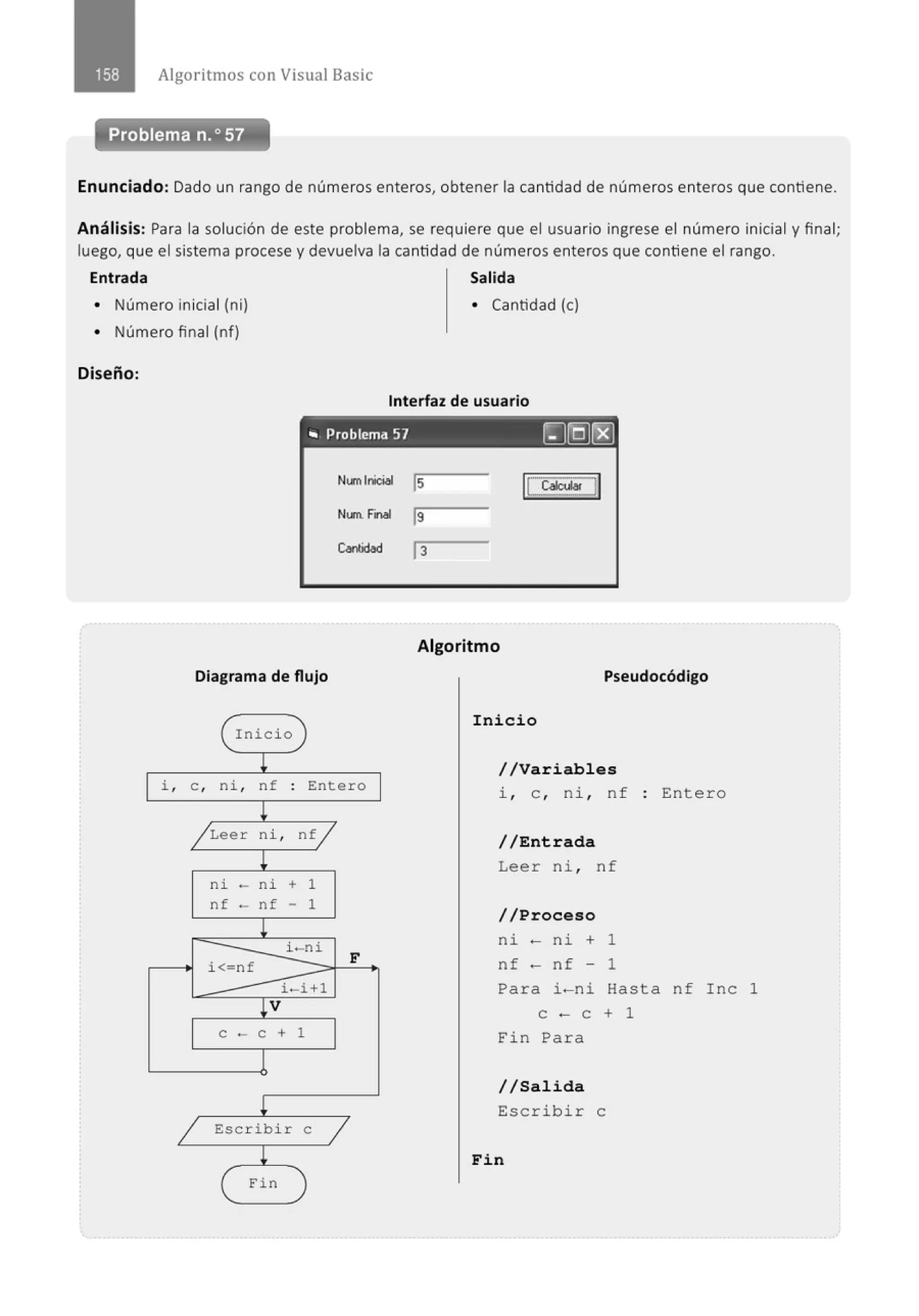 Algoritmos con Visual Basic
Problema n.o 57
Enunciado: Dado un rango de números enteros, obtener la cantidad de números enteros que contiene.
Análisis: Para la solución de este problema, se requiere que el usuario ingrese el número inicial y final;
luego, que el sistema procese y devuelva la cantidad de números enteros que contiene el rango.
Entrada Salida
• Número inicial (ni) • Cantidad (e)
• Número final (nf)
Diseño:
Interfaz de usuario
i ,
,. Problema 57 ~[Q]rRJ
Numfnicj,¡
Num. Fina
Conbdad
Diagrama de flujo
( Inicio
¡
e , ni , nf . Ente ro
.
¡
/Leer ni , ntj
!
ni - ni + 1
nf - nf - 1
¡
i< nf
i-ni
F
i-i+l
¡v
e - e + 1
¡
1 Escribir e 1
¡
( Fin
ls !Le~ JI
ls
13
Algoritmo
Pseudocódigo
Inicio
//Variables
i, e , ni , nf : Entero
//Entrada
Leer ni, nf
//Proceso
ni - ni + 1
nf - nf - 1
Para i-ni Hasta nf Inc 1
e - e + 1
Fin Para
//Salida
Escribir e
Fin
 