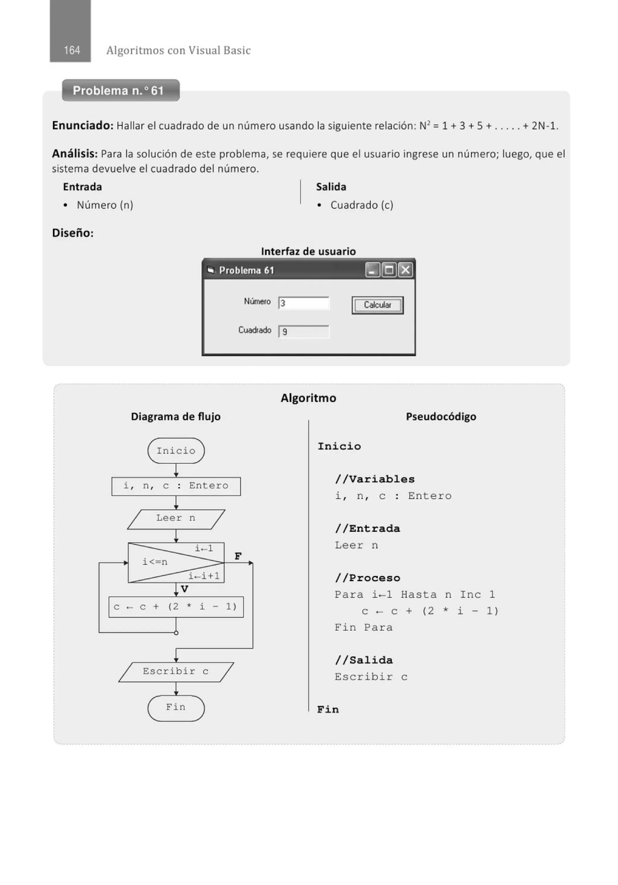 Algoritmos con Visual Basic
Enunciado: Hallar el cuadrado de un número usando la siguiente relación: N2
=1 + 3 + S+ . ... . + 2N-1.
Análisis: Para la solución de este problema, se requiere que el usuario ingrese un número; luego, que el
sistema devuelve el cuadrado del número.
Entrada Salida
• Número (n) • Cuadrado (e)
Diseño:
Interfaz de usuario
.. Problema 61 ~§[8]
Diagrama de flujo
e
Inicio
L
i, n, e . Entero
.
¡
1 Leer n
1
L
i-1
i< n
i-i+l
LV
Cuadrado ls
Algoritmo
F
Pseudocódigo
Inicio
/ /Variables
i , n , e : Entero
/ / Entrada
Lee r n
//Proceso
e - e + (2 * i - 1)
Para i-1 Hasta n Ine 1
e - e + (2 * i - 1 )
Fin Para
¡
1 Escribir
L
Fin
e
1
)
//Salida
Escribir e
Fin
 