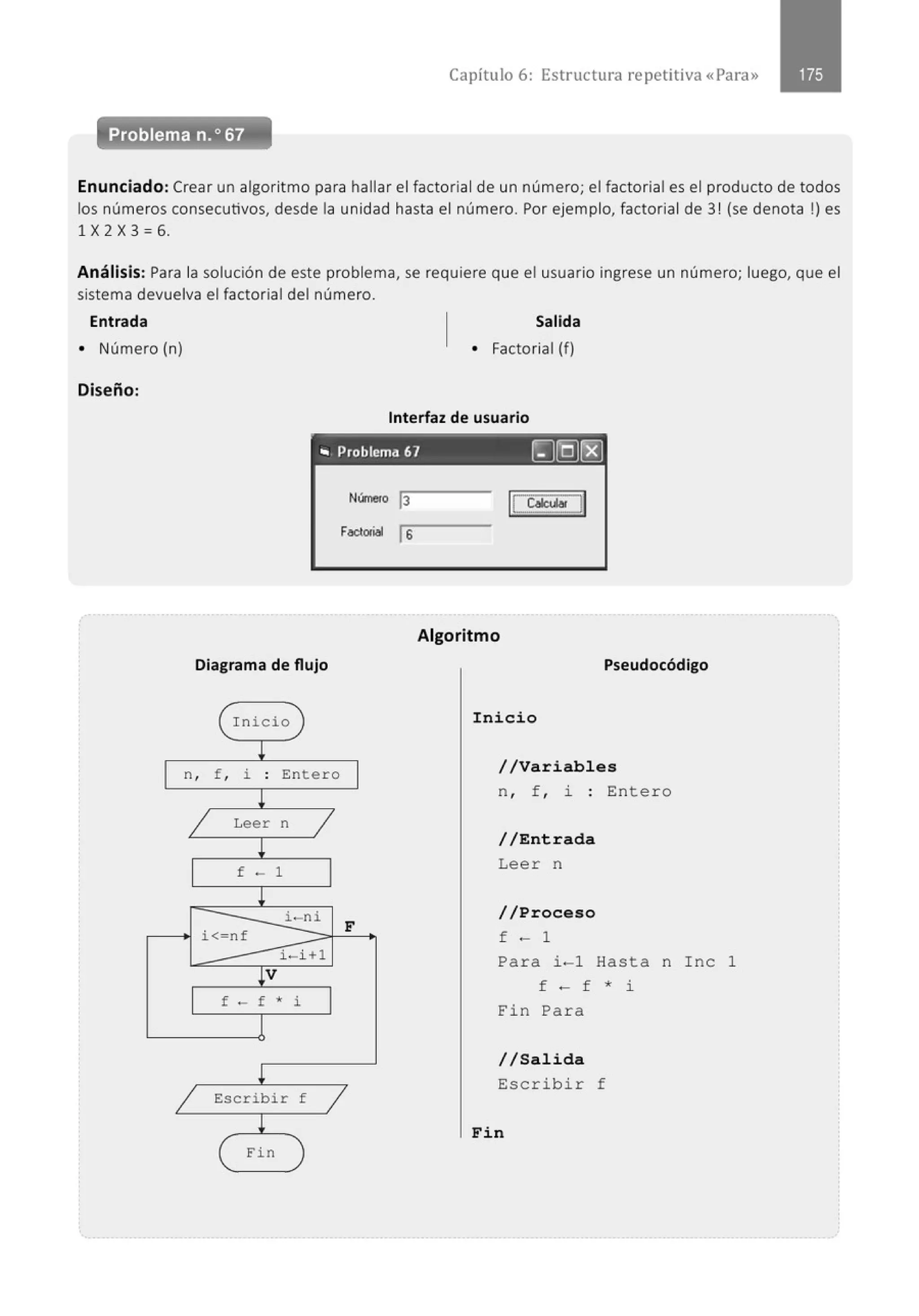 Capítulo 6: Estructura repetitiva «Para»
Enunciado: Crear un algoritmo para hallar el factorial de un número; el factorial es el producto de todos
los números consecutivos, desde la unidad hasta el número. Por ejemplo, factorial de 3! (se denota !) es
1 X 2 X 3 = 6.
Análisis: Para la solución de este problema, se requiere que el usuario ingrese un número; luego, que el
sistema devuelva el factorial del número.
Entrada
o Número (n)
Diseño:
Salida
o Factorial (f)
Interfaz de usuario
- - - - - - - - - - -
.. Problema 67 ~IQJ~
Diagrama de flujo
(Inicio
!
n, f , i . Entero
.
!
1 Leer n
1
~
f - 1
~
i-ni
i<-nf
i -i+l
~V
f - f • i
~
F
Algoritmo
Pseudocódigo
Inicio
//Variables
n , f , i : Enter o
//Entrada
Leer n
//Proceso
f - 1
Pa r a i-1 Hasta n Inc 1
f - f * i
Fin Para
1 Escribir f
1
//Salida
Es cri bi r f
!
eFin )
Fin
 