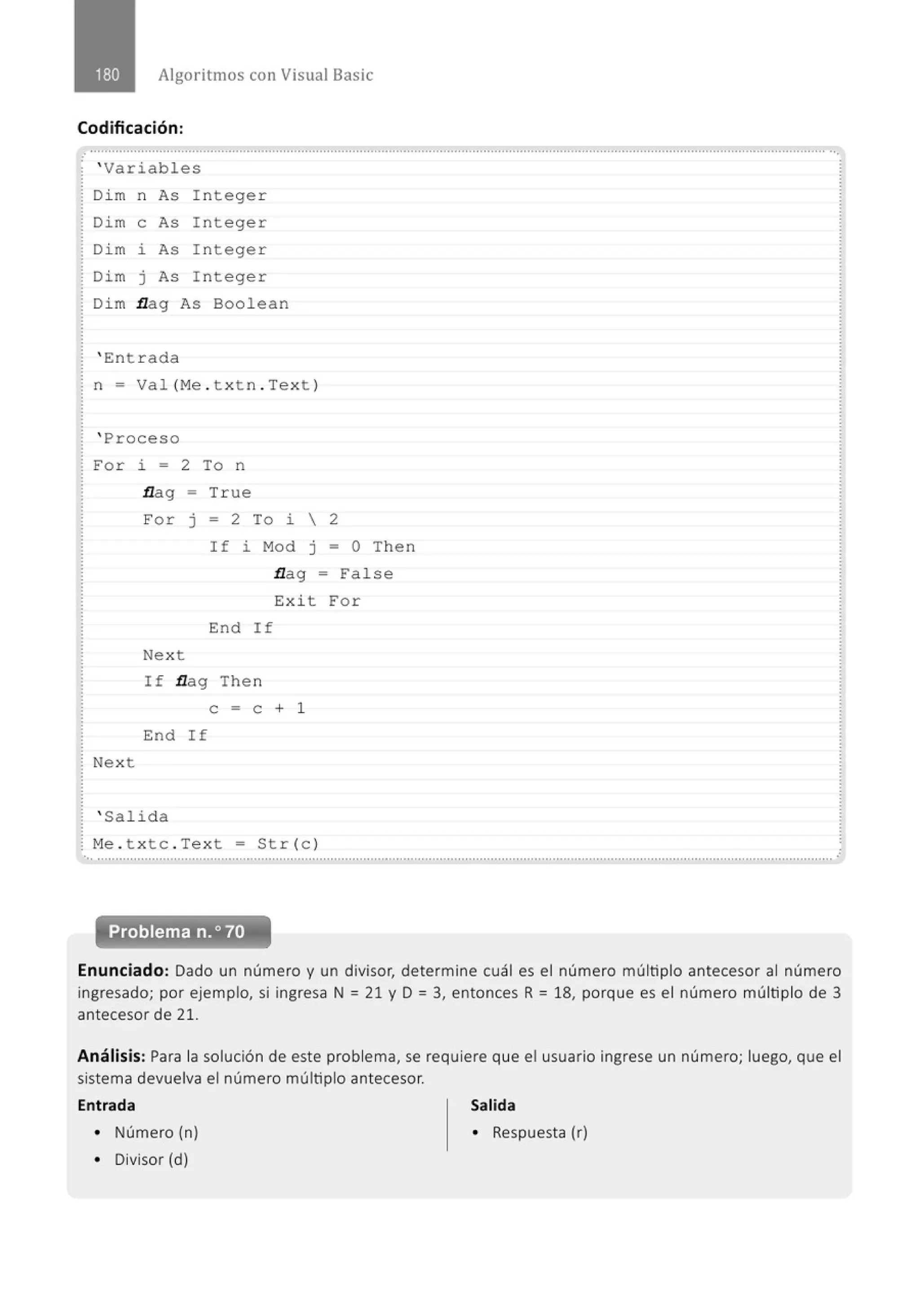 Algoritmos con Visual Basic
Codificación:
............................................................................................................................................................................................................
.
' Variables
Dim n As Integer
Dim e As Integer
Dim i As Integer
Dim j As Integer
Dim flag As Boolean
' Entrada
n = Val(Me . txtn . Text)
' Proceso
For l. - 2 To n
flag = True
For J - 2 To l.  2
If l. Mod j - o Then
flag - False
Exit For
End If
Next
If flag The n
e - e + 1
End If
Next
' Salida
Me . txtc . Text = Str(c)
..............................................................................................................................................................................................................
Enunciado: Dado un número y un divisor, determine cuál es el número múltiplo antecesor al número
ingresado; por ejemplo, si ingresa N = 21 y O = 3, entonces R = 18, porque es el número múltiplo de 3
antecesor de 21.
Análisis: Para la solución de este problema, se requiere que el usuario ingrese un número; luego, que el
sistema devuelva el número múltiplo antecesor.
Entrada Salida
• Número (n) • Respuesta (r)
• Divisor (d)
 
