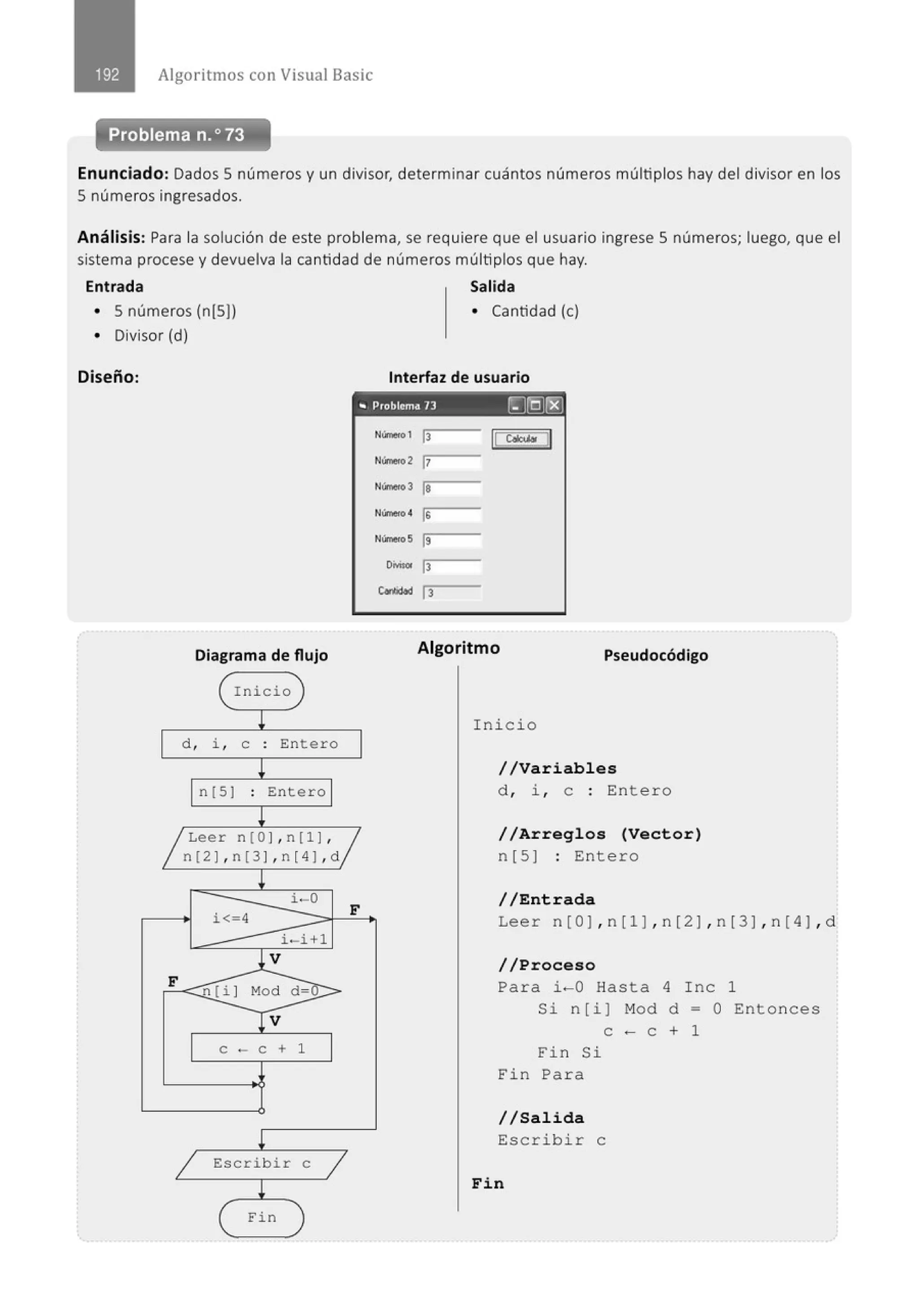 Algoritmos con Visual Basic
Problema n.o 73
Enunciado: Dados S números y un divisor, determinar cuántos números múltiplos hay del divisor en los
S números ingresados.
Análisis: Para la solución de este problema, se requiere que el usuario ingrese 5 números; luego, que el
sistema procese y devuelva la cantidad de números múltiplos que hay.
Entrada Salida
• S números (n(SJ) • Cantidad (e)
• Divisor (d)
Diseño: Interfaz de usuario
- Problema 13 rD©J@
N(mero 1 13 !~:=JI
Númefo2 17
N~3
le
Ntínero e ls
NWncroS ls
OMtot 13
Criclod 13
Diagrama de flujo Algoritmo Pseudocódigo
Inicio
l Inicio
d , i , e . Entero
.
l //Variables
n (Sl . Entero
. d , i , e : Entero
~
~
1Leer n(Ol , n!l l,
1~
n(2 J, n[3 J, n[4J,d
//Arreglos (Vector)
n [S] : Entero
+ i-0
i<-4
i -i+l
1V
F
n(il Mod d=
Tv
e - e + 1
!
1 Escribir e
1
l
eFin )
F
//Entrada
Leer n [O), n [ 1), n [ 2), n [ 3 ), n [ 4), d
//Proceso
Para i-0 Hasta 4 Inc 1
Si n[i] M
od d- O Entonces
e - e + 1
Fin Si
Fin Para
//Salida
Escribir e
Fin
 