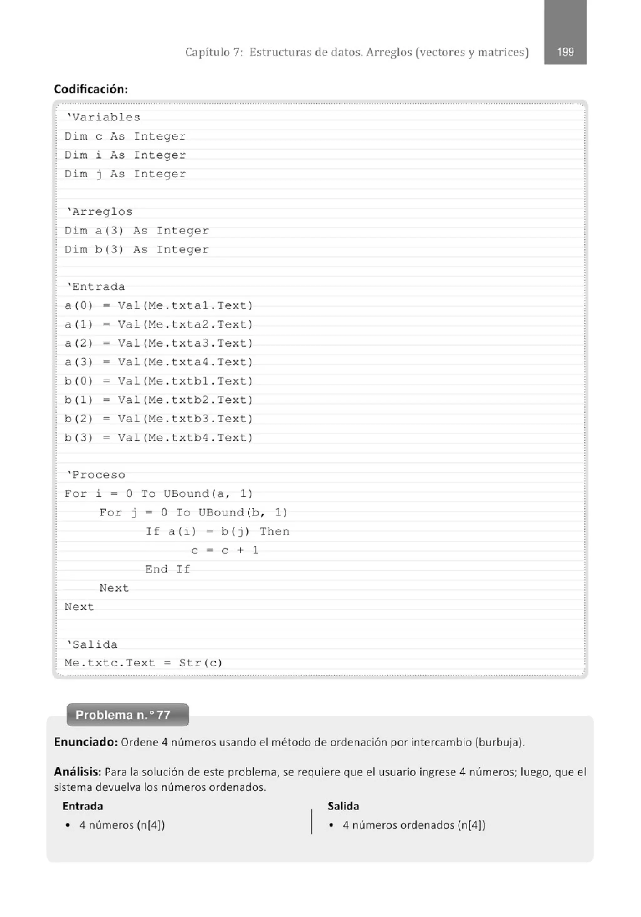 Capítulo 7: Estructuras de datos. Arreglos (vectores y matrices)
Codificación:
.......'.................................................................................................................................................................................................. ..
:
' Variables
Di m e As I n teger
Dim ~ As Integer
Di m j As I n teg e r
' Arregl os
Dim a (3 ) As I n teger
Di m b( 3 ) As Integer
' Ent r ada
a (O) = Val (Me . t x ta1 . Tex t)
a <1 l - Val (Me . txta2 . Te xt )
a (2 l - Val (Me . t x ta3 . Text )
a (3 l - Val (Me . txta4 . Te xt )
b ( o ) - Val (Me . t x tb1 . Tex t)
b (1) - Val (Me . t x tb2 . Te xt )
b (2 ) - Val (Me . t x tb3 . Te xt)
b (3 ) - Val (Me . tx tb4 . Te xt )
' Proceso
For i - o To UBound (a , 1 )
For j = o To UBound (b , 1)
I f a (i) - b ( j ) Then
e - e + 1
End If
Nex t
Nex t
' Salid a
M
e . t x tc . Te x t = Str (c )
... ....................................................' .........................................' ...........................................................................................................
Problema n.o77
Enunciado: Ordene 4 números usando el método de ordenación por intercambio (burbuja).
Análisis: Para la solución de este problema, se requiere que el usuario ingrese 4 números; luego, que el
sistema devuelva los números ordenados.
Entrada Salida
• 4 números (n(4)) • 4 números ordenados (n[4))
 