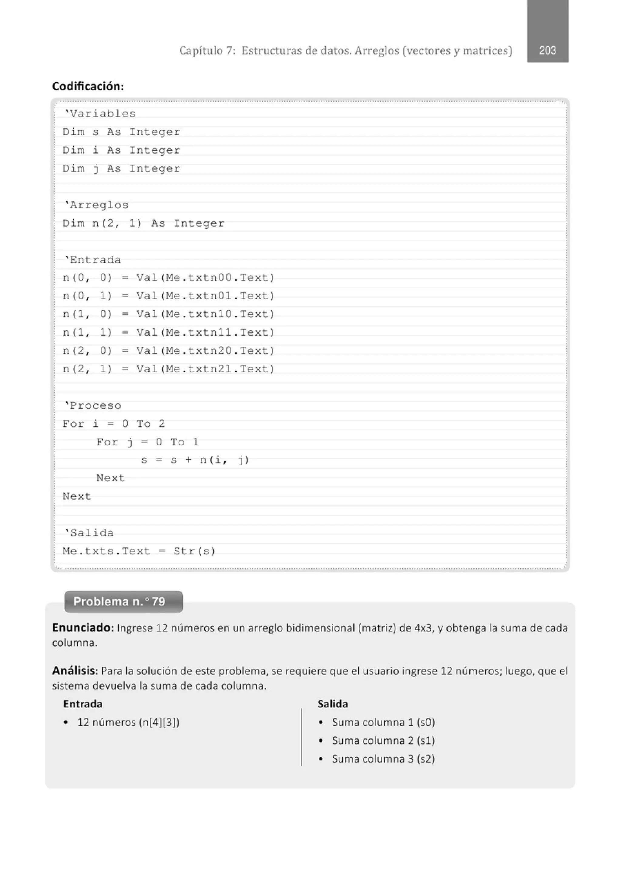Capítulo 7: Estructuras de datos. Arreglos (vectores y matrices)
Codificación:
.
' Variables
Di m S As I n teger
Dim i As Integer
Di m j As I n teger
' Arreglos
Dim n(2 , 1 ) As Integer
' Entrada
n (O, 0 ) - Va l(Me . t x t nOO . Tex t )
n (O, 1) - Val (Me . txtn01 . Text)
n (1 , 0 ) - Val(Me . t x t n1 0 . Tex t)
n (1, 1) - Val(Me . txtn11 . Tex t)
n (2, 0 ) - Val(Me . t x tn20 . Tex t)
n (2, 1) - Val(Me . txtn21 . Tex t)
' Proceso
For i = O To 2
For j - O To 1
S = S + n ( i , j )
Nex t
Nex t
' Salida
M
e . t x ts . Tex t = Str (s )
...............' ............................................................................................................................................................................................
Problema n.o79
Enunciado: Ingrese 12 números en un arreglo bidimensional (mat riz) de 4x3, y obtenga la suma de cada
columna.
Análisis: Para la solución de este problema, se requiere que el usuario ingrese 12 números; luego, que el
sistema devuelva la suma de cada columna.
Entrada Salida
• 12 números (n[4][3]) • Suma columna 1 (sO)
• Suma columna 2 (s1)
• Suma columna 3 (s2)
 