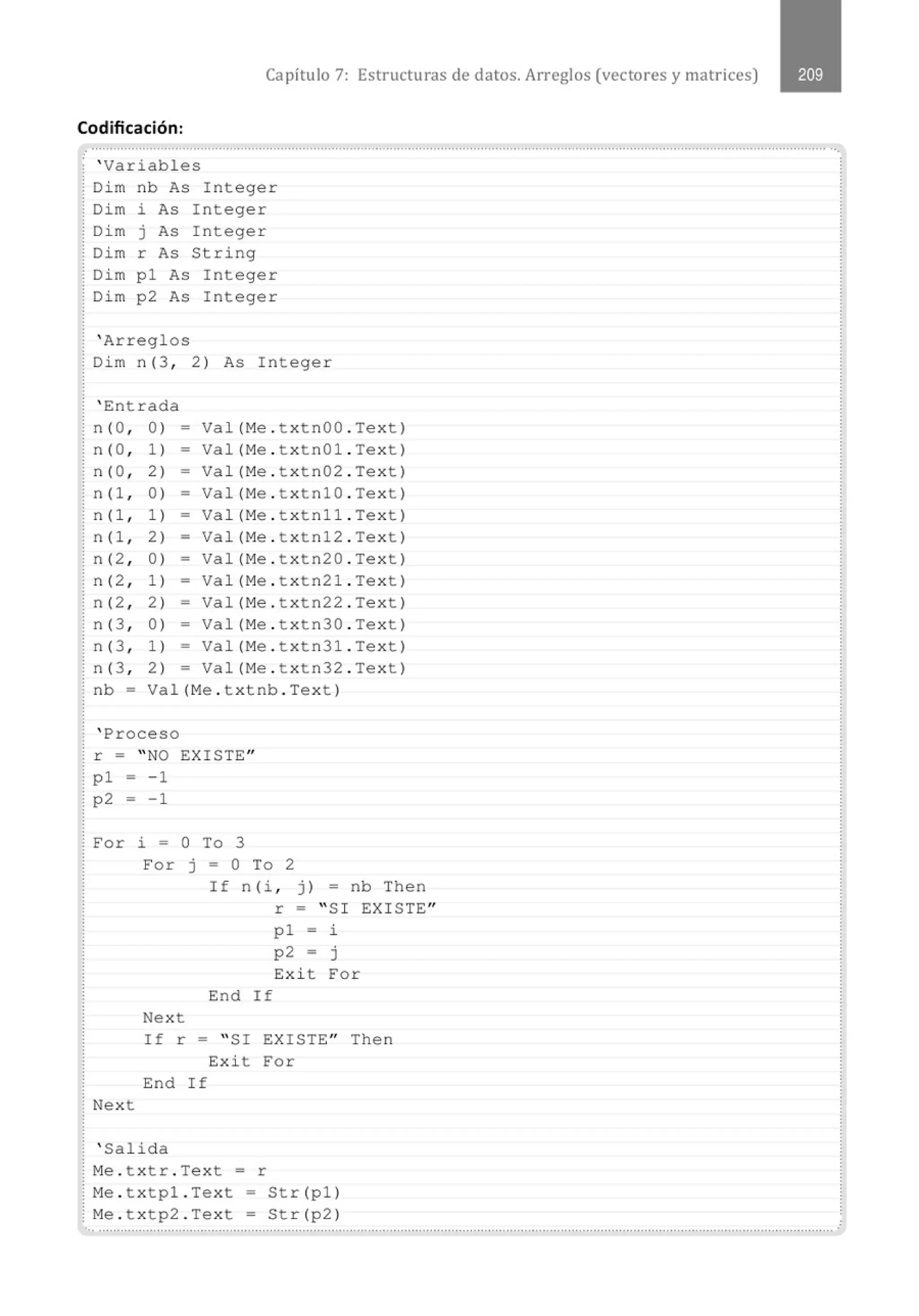 Capítulo 7: Estructuras de datos. Arreglos (vectores y matrices)
Codificación:
........................................................................................................................................................................................................... ...
' Variables
Dim nb As Integer
Dim i As Integer
Dim j As Integer
Dim r As String
Dim p1 As Integer
Dim p2 As Integer
' Arreglos
Dim n(3 , 2) As Integer
' Entrada
n (0 , 0) = Val(Me . txtnOO . Text)
n (O , 1) - Val(Me . txtn01 . Text)
n (O , 2) - Val(Me . txtn02 . Text)
n (1, 0) = Val(Me . txtn10 . Text)
n(1 , 1) - Val(Me . txtn11 . Text)
n (1 , 2) - Val(Me . txtn12 . Text)
n (2, 0) = Val(Me . txtn20 . Text)
n (2, 1) - Val(Me . txtn21 . Text)
n (2, 2) = Val(Me . txtn22 . Text)
n (3 , 0) - Val(Me . txtn30 . Text)
n (3 , 1) - Val(Me . txtn31 . Text)
n (3 , 2) - Val(Me . txtn32 . Text)
nb = Val(Me . t xtnb . Text)
' Proceso
r = " NO EXISTE"
p1 = -1
p2 - - 1
For i = O To 3
For j = O To 2
If n(i , j) = nb Then
r = " SI EXISTE"
Next
p1 - l.
p2 - j
Exit For
End If
Next
If r = " SI EXISTE" Then
Exit For
End If
' Salida
Me . t x tr . Text = r
Me . t x tpl . Text = Str(p1)
Me . t xtp2 . Text = Str(p2)
... ...........................................................................................................................................................................................................
 