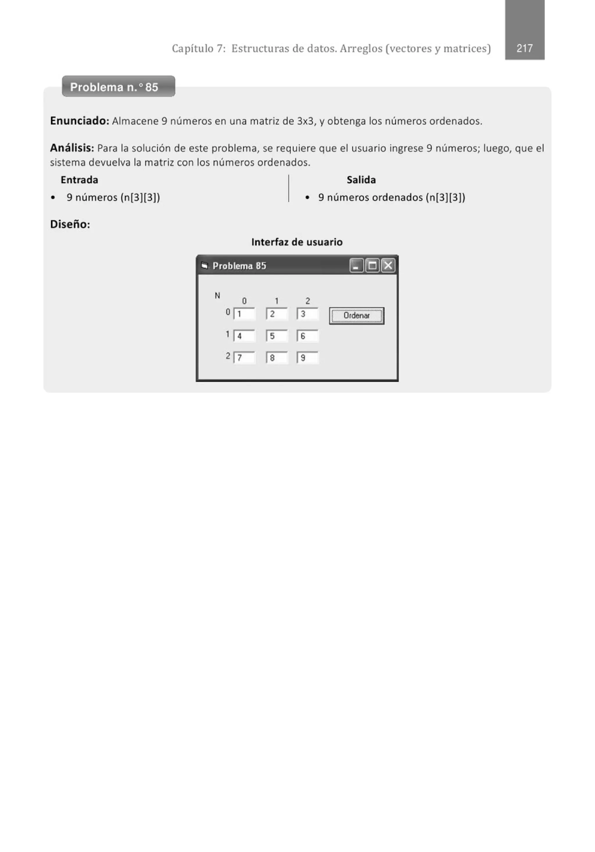 Capítulo 7: Estructuras de datos. Arreglos (vectores y matrices)
Problema n.o85
Enunciado: Almacene 9 números en una matriz de 3x3, y obtenga los númerosordenados.
Análisis: Para la solución de este problema, se requiere que el usuario ingrese 9 números; luego, que el
sistema devuelva la matriz con los números ordenados.
Entrada Salida
• 9 números (n[3][3]) • 9 números ordenados (n[3][3])
Diseño:
Interfaz de usuario
,. Problema 85 ~(Q]r8)
N
o 1 2
or;--- rz- ~ I!~·~.:JI
1 ¡-¡- rs--- rs
2 ~ re-- [9
 