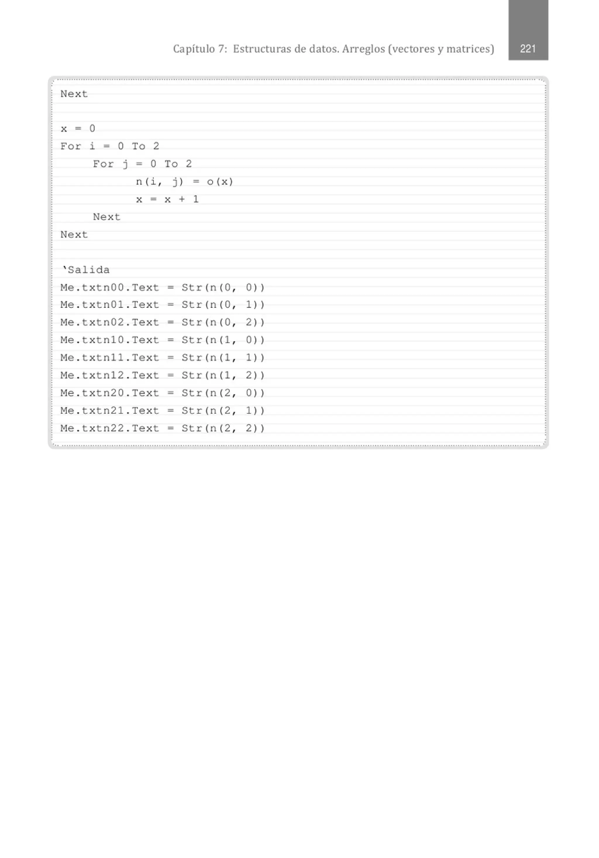 Capítulo 7: Estructuras de datos. Arreglos (vectores y matrices)
.. .......................................................................................................................................................................................................... ...
Nex t
X = o
For l. - o To 2
For j - o To 2
n (i, j ) - 0 ( X )
X = X + 1
Nex t
Nex t
' Salid a
M
e . t x tnOO . Text - Str (n ( 0 , 0 ))
M
e . t x tnO l . Tex t - Str (n ( 0 , 1 ))
M
e . t x tn02 . Text = Str (n ( 0 , 2 ))
M
e . t x tn l O. Text - Str (n (1 , 0 ))
M
e . t x tnl1 . Tex t - Str (n (1 , 1 ))
M
e . t x tn l2 . Tex t - Str (n (1 , 2 ))
M
e . t x tn20 . Text = Str (n ( 2 , 0 ))
M
e . t x tn2 1 . Tex t - Str (n ( 2 , 1 ))
M
e . t x tn22 . Tex t = Str (n ( 2 , 2 ))
.
 