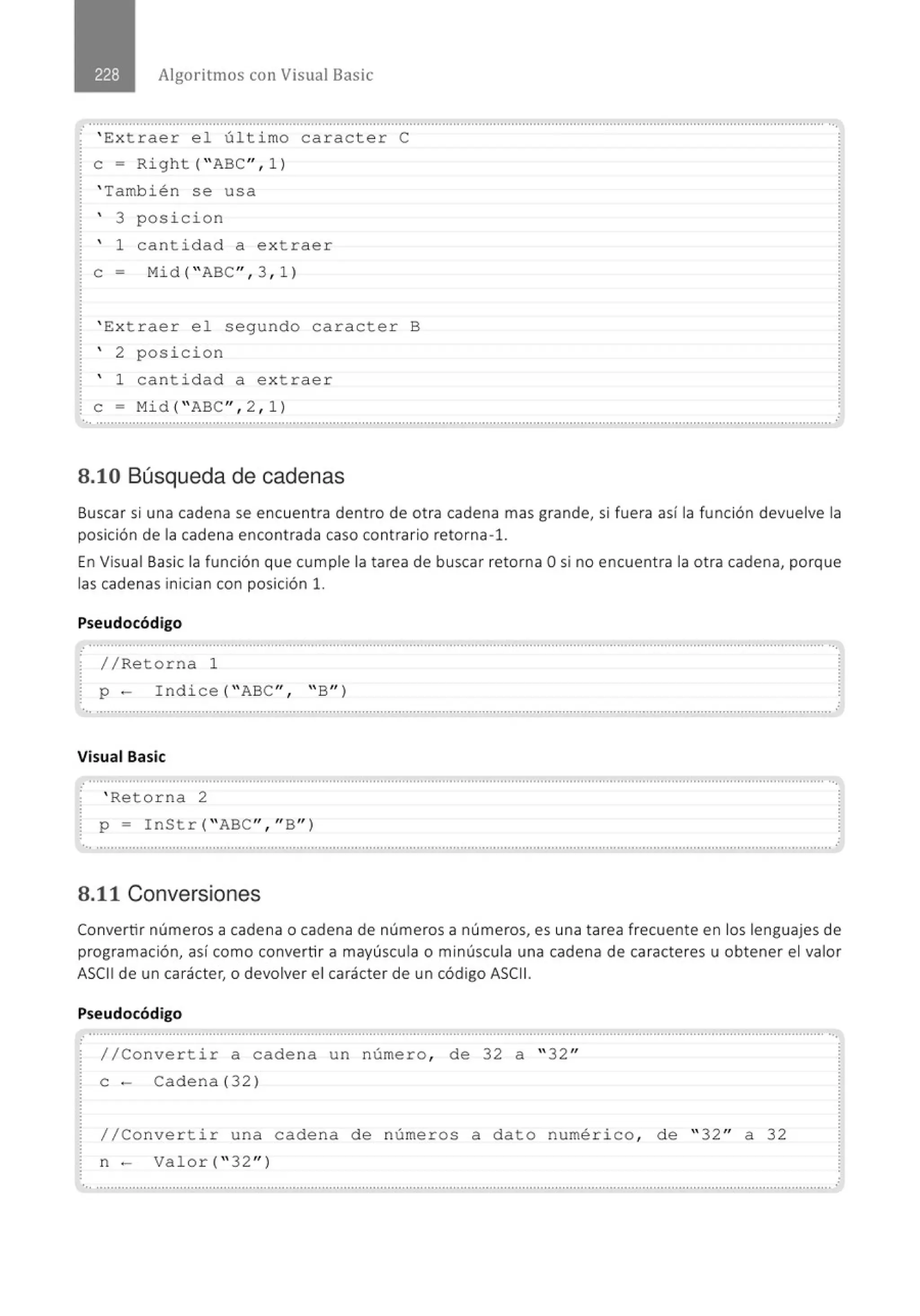 Algoritmos con Visual Basic
.......................................................................................................................................................................................................... ..
' Extrae r e l últ i mo caracte r C
e= Right( "ABC", l)
' Ta mbién se us a
' 3 pos i c i on
' 1 ca ntidad a extraer
e - Mi d (" ABC", 3 , 1)
' Ext r ae r e l s egundo caracter B
' 2 posici o n
' 1 cant idad a extra e r
e = Mid ("ABC",2,1)
8.10 Búsqueda de cadenas
Buscar si una cadena se encuentra dentro de otra cadena mas grande, si fuera así la función devuelve la
posición de la cadena encontrada caso contrario retorna-l.
En Visual Basic la función que cumple la tarea de buscar retorna Osi no encuent ra la otra cadena, porque
las cadenas inician con posición l.
Pseudocódigo
//Retorna 1
p- I ndice (''ABC", "B" )
............................................................................................................................................................................................................
Visual Basic
' Reto rna 2
¡ p = InStr ("ABC '',''B")
.............." .........................................'.'"" ' ....""..."""..........""............" ......." .....""............" .....""....................." .............." ....." .......
8.11 Conversiones
Convertir números a cadena o cadena de números a números, es una tarea frecuente en los lenguajes de
programación, así como convertir a mayúscula o minúscula una cadena de caracteres u obtener el valor
ASCII de un carácter, o devolver el carácter de un código ASCII.
Pseudocódigo
.............................................................................................................................................................................................................
//Conve rtir a cadena un número, de 32 a ''32"
e - Cade na (32)
/ / Conve r t i r una cade na de números a dato numérico, de " 32" a 32
n - Valor( " 32" )
............................................................................................................................................................................................................
 