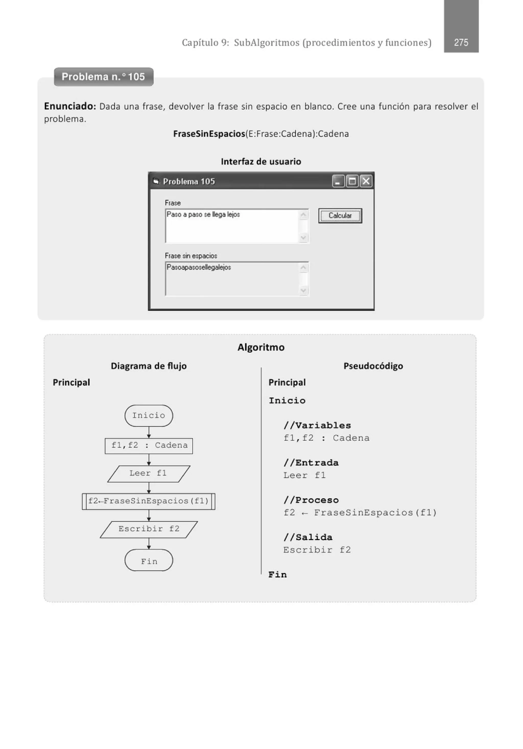 Capítulo 9: SubAigoritmos (procedimientos y funciones)
Enunciado: Dada una frase, devolver la frase sin espacio en blanco. Cree una función para resolver el
problema.
Principal
FraseSinEspacios(E:Frase:Cadena):Cadena
Interfaz de usuario
.. Problema 105 ~(Q}(8)
Frase
r-a pa$0 • • llega lejos
Frase sin espacios
Algoritmo
Diagrama de flujo Pseudocódigo
Inicio
!
fl ,f2 . Cadena
.
l
1 Leer fl
1
l
Principal
Inicio
//Variables
f l , f 2 : Cadena
//Entrada
Lee r f l
f2-FraseSinEspacios (fl l //Proceso
l
1 Escribir
l
Fin
f2 1
f 2- Fr aseS inEspacios (f l)
//Salida
Escr ib i r f2
Fin
 