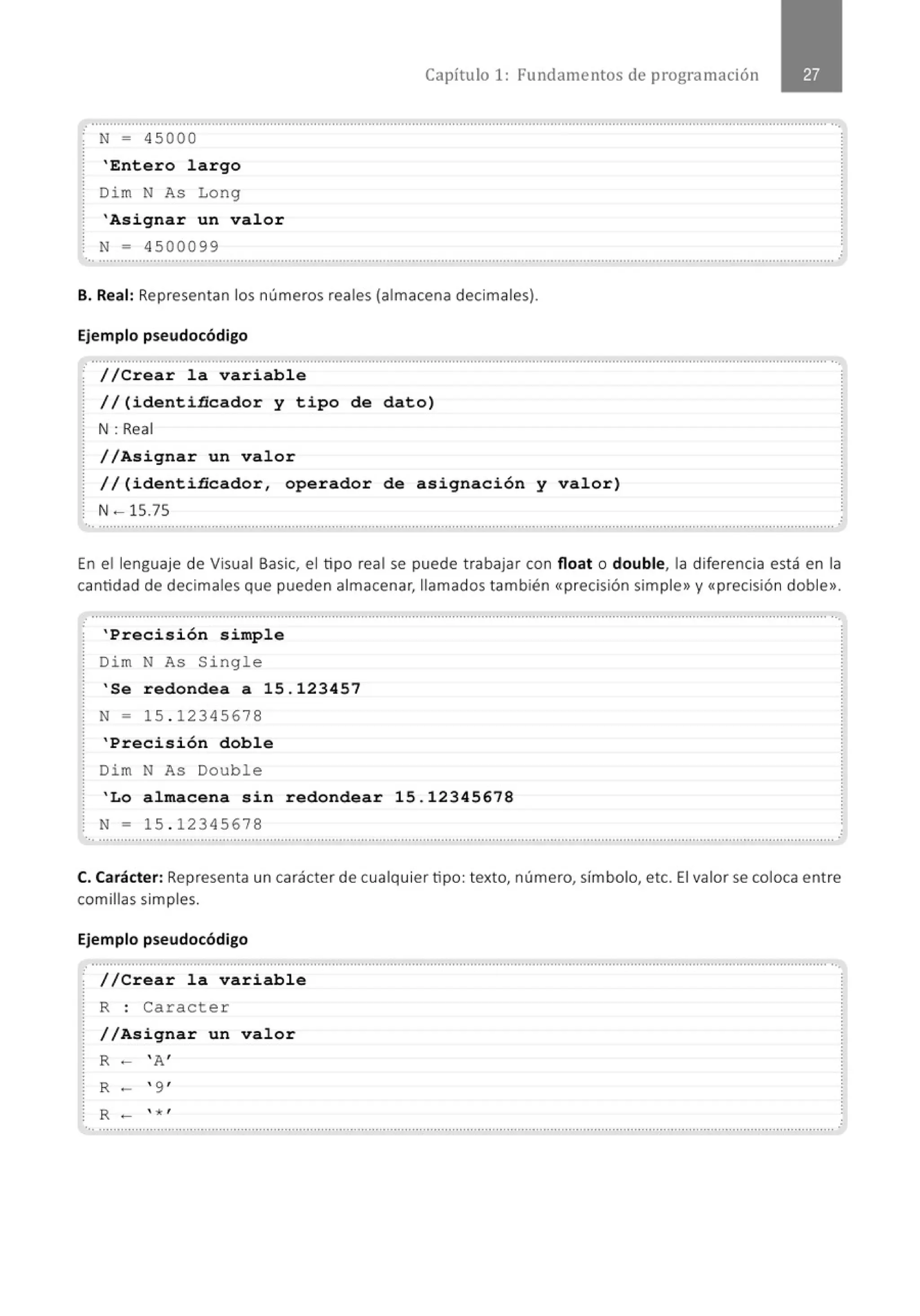 Capítulo 1: Fundamentos de programación
........................................................................................................................................................................................................... ...
N = 45 000
'Entero largo
Dim N As Long
'Asignar un valor
N = 45 00099
... .......................................................................................................................................................................................................... .
B. Real: Representan los números reales (almacena decimales).
Ejemplo pseudocódigo
..........................................................................................................................................................................................................- ··.
//Crear la variable
//(identiñcador y tipo de dato)
N :Real
//Asignar un val or
//(identiñcador, operador de asignación y valor)
N~ 15.75
'•· ...........................................................................................................................................................................................................·
En el lenguaje de Visual Basic, el tipo real se puede trabajar con float o double, la diferencia está en la
cantidad de decimales que pueden almacenar, llamados también «precisión simple>> y <<precisión doble>>.
.·.......................................................................................................................................................................................................... ...
'Precisión simple
Dim N As Single
' Se redondea a 15.123457
N = 15 . 12345678
'Precisión doble
Dim N As Double
' Lo almacena sin redondear 15 . 12345678
N = 15 . 12345678
o
............................................................................................................................................................................................................
C. Carácter: Representa un carácter de cualquier tipo: texto, número, símbolo, etc. Elvalor se coloca entre
comillas simples.
Ejemplo pseudocódigo
............................................................................................................................................................................................................
· //Crear la variable
R : Caracter
//Asignar un valor
R - ' A'
R - ' 9 '
R - ' * '
.............................................................................................................................................................................................................·
 