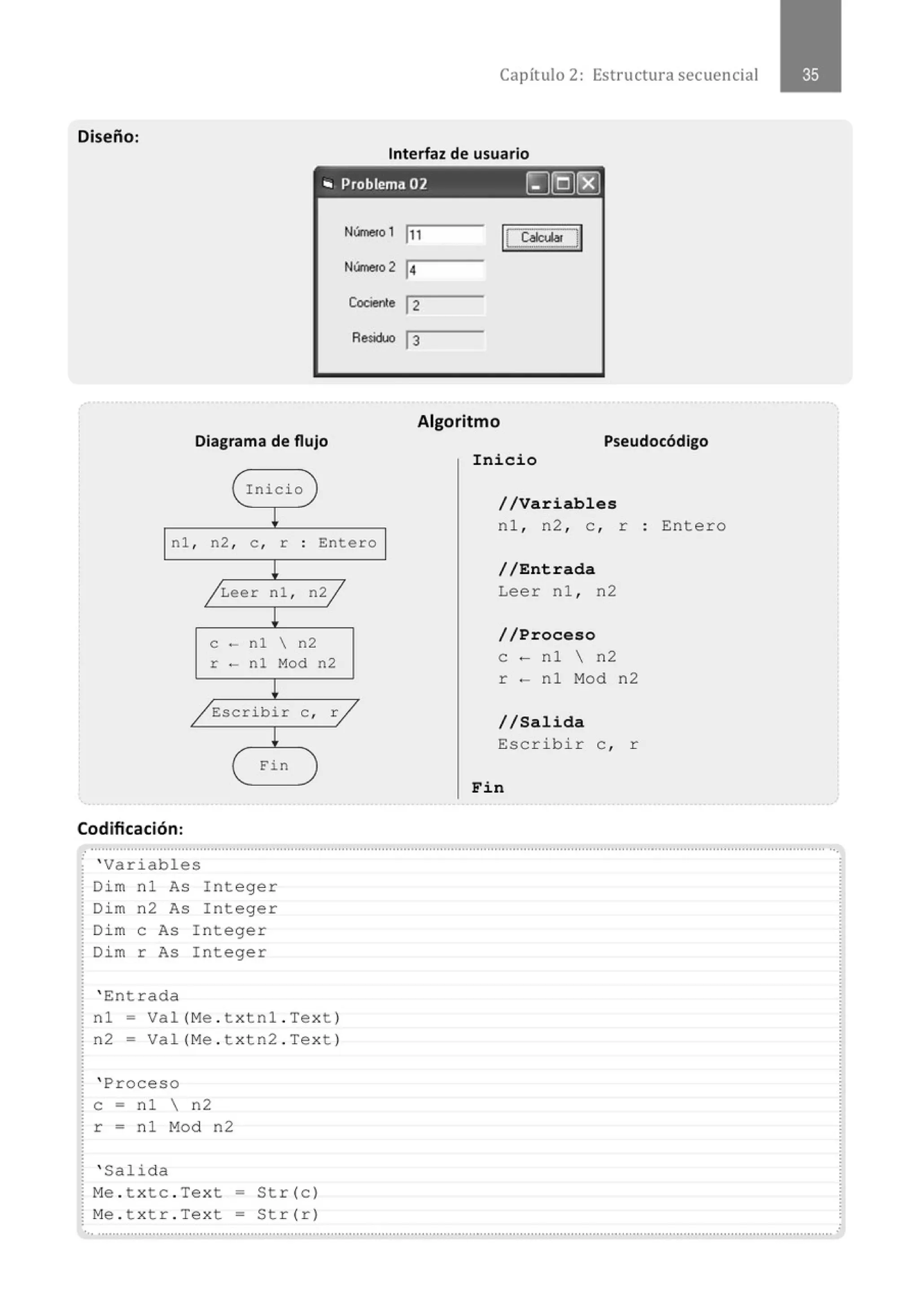 Capítulo 2: Estructura secuencial
Diseño:
Interfaz de usuario
., Problema 02 ~(QJ[g)
Núrne~o 1
Núrneto 2
Cociente
Residuo
Diagrama de flujo
( Inicio )
~
nl , n2 , e , r o
Entero
o
~
/Leer nl , n2/
!
e - nl  n2
r - nl Mod n2
!
/ Escribir e , r/
¡
( Fin )
Codificación:
1
11 IL ~·n
1
4
12
13
Algoritmo
Pseudocódigo
Inicio
//Variables
nl , n2 , e , r : Entero
//Entrada
Leer nl , n2
//Proceso
e - nl  n2
r - nl Mod n2
//Salida
Escribir e , r
Fin
............................................................................................................................................................................................................
o ' Variables
Dim nl As Integer
Dim n2 As Integer
Di m e As Integer
Dim r As Integer
' Entrada
nl - Val(Me ot xtnl oText)
n2 = Val (Me ot xt n2 0Text)
' Proceso
e - nl  n2
r = nl Mod n2
' Salida
Me ot xtc oText = Str(c)
M
e ot xtr oText = Str (r )
..............................................................................................................................................................................................................·
 