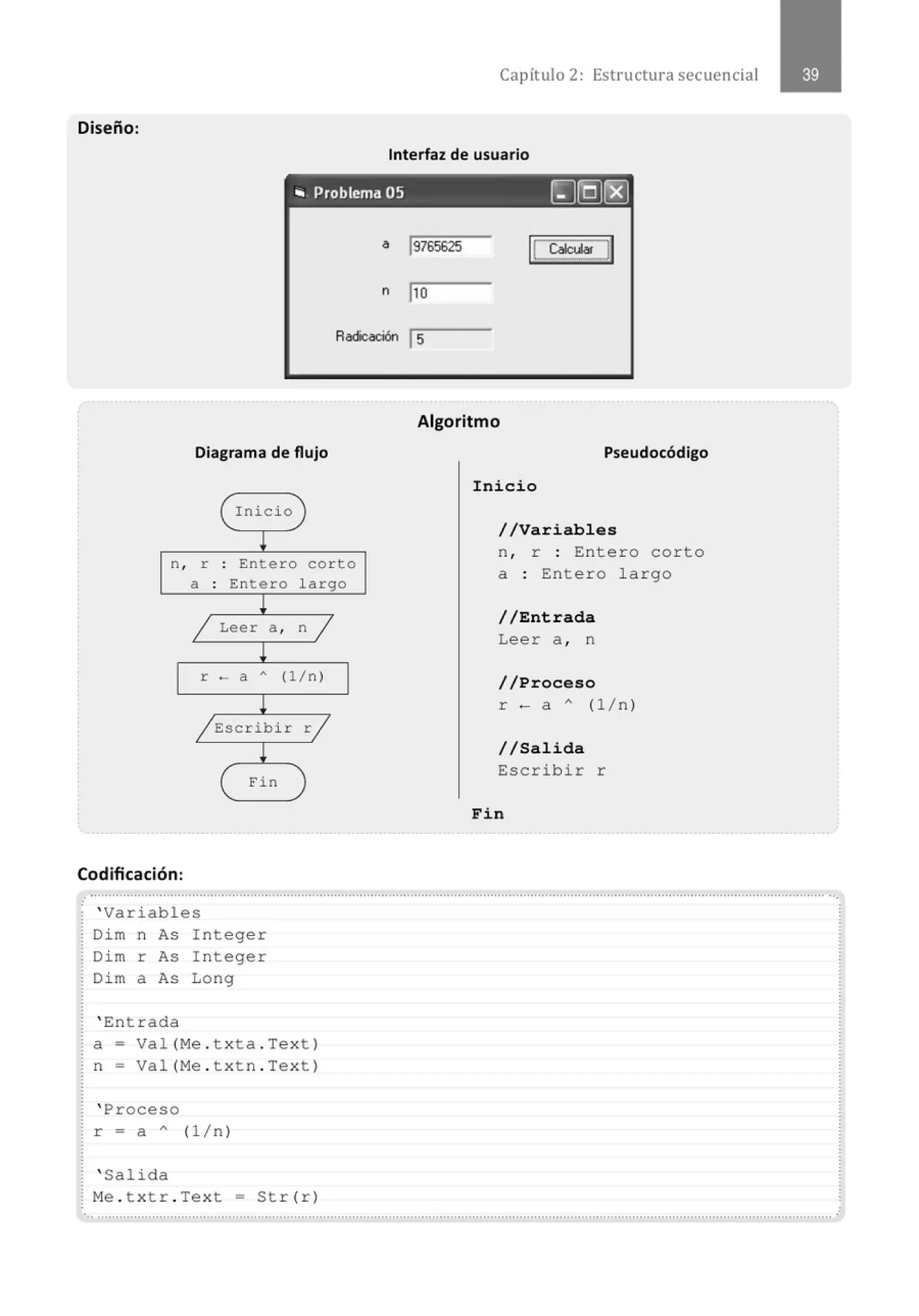 Diseño:
n ,
Codificación:
Capítulo 2: Estructura secuencial
Interfaz de usuario
"' Problema 05 ~@Jl8J
a j9765625
n j10
Radicación 15
Diagrama de flujo
( Inicio )
l
r . Entero cor to
.
a . Entero largo
.
l
j Leer a , n j
l
r - a " (1/n )
l
/ Escribi r r /
l
( Fin )
Algoritmo
Pseudocódigo
Inicio
//Variables
n , r : Entero c o rto
a : Entero l argo
/ / Entrada
Leer a , n
/ / Proc e s o
r ~ a " ( 1/n)
/ /Sal ida
Escribir r
Fin
......................................................................' .......................'............................................................................................................ ...
' Variabl es
Dim n As Integer
Di m r As I nteger
Di m a As Long
' Ent r ada
a- Val (Me . t xta . Text )
n = Val (Me . txtn . Text )
' Proceso
r = a " (1/n )
' Salida
M
e . t xtr . Text = St r( r )
.............................................................................................................................................................................................................
 