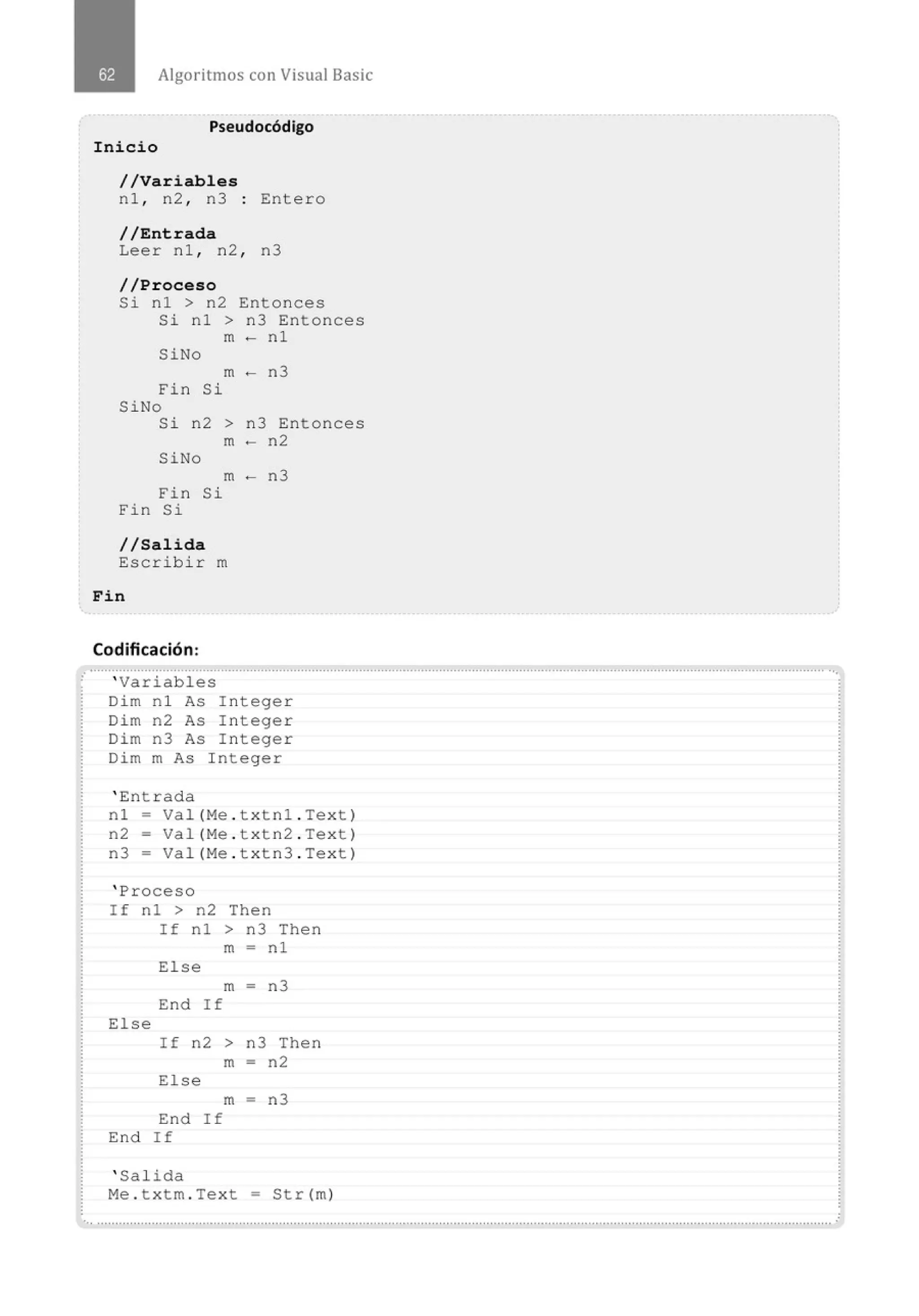Algoritmos con Visual Basic
Pseudocódigo
Inicio
//Variables
nl , n2 , n3 : Entero
//Entrada
Leer nl , n2 , n3
//Proceso
Si nl > n2 Entonces
Si nl > n3 Entonces
m - nl
SiNo
m - n3
Fin Si
SiNo
Si n2 > n3 Entonces
m - n2
SiNo
m - n3
Fin Si
Fin Si
//Salida
Escribir m
Fin
Codificación:
............................................................................................................................................................................................................
' Variables
Dim nl As I nteger
Dim n2 As Integer
Dim n3 As Integer
Dim m As Integer
' Entrada
nl- Val(Me . txtnl . Text)
n2- Val(Me . txtn2 . Text)
n3- Val(Me . txtn3 . Text)
' Proceso
If nl > n2 Then
If nl > n3 Then
m = nl
Else
m - n3
End If
Else
If n2 > n3 Then
m - n2
Else
m - n3
End If
End If
' Salida
Me . txtm . Te xt = Str(m)
............................................................................................................................................................................................................
 