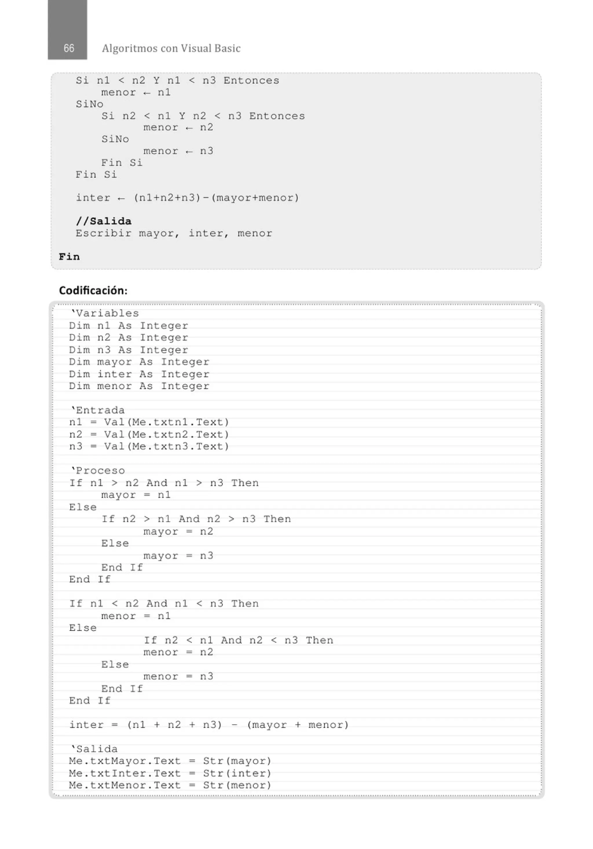 Algoritmos con Visual Basic
Si nl < n2 Y nl < n3 Entonces
menor ~ nl
SiNo
Si n2 < nl Y n2 < n3 Entonces
menor - n2
SiNo
menor - n3
Fin Si
Fin Si
inter ~ (nl+n2+n3)-(mayor+menor)
//Salida
Escribir mayor , inter, menor
Fin
Codificación:
' Variables
Dim nl As Integer
Dim n2 As Integer
Dim n3 As Integer
Dim mayor As Integer
Dim inter As Intege r
Dim menor As Intege r
' Entrada
nl - Val(Me . t xtnl . Text)
n2 = Val(Me . t x tn2 . Text)
n3 = Val(Me . t x tn3 . Text)
' Proceso
If nl > n2 And nl > n3 Then
mayor - nl
Else
If n2 > nl And n2 > n3 Then
mayor - n2
Else
mayor = n3
End If
End If
If nl < n2 And nl < n3 The n
menor = nl
Else
Else
If n2 < nl And n2 < n3 Then
menor - n2
menor = n3
End If
End If
inter = (nl + n2 + n3) - (mayor + menor )
' Salida
Me . txtMayor .Text - Str(mayor)
Me . txtlnter . Text - Str(inter)
Me . txtMenor . Text - Str(menor)
·............................................................................................................................................................................................................
 
