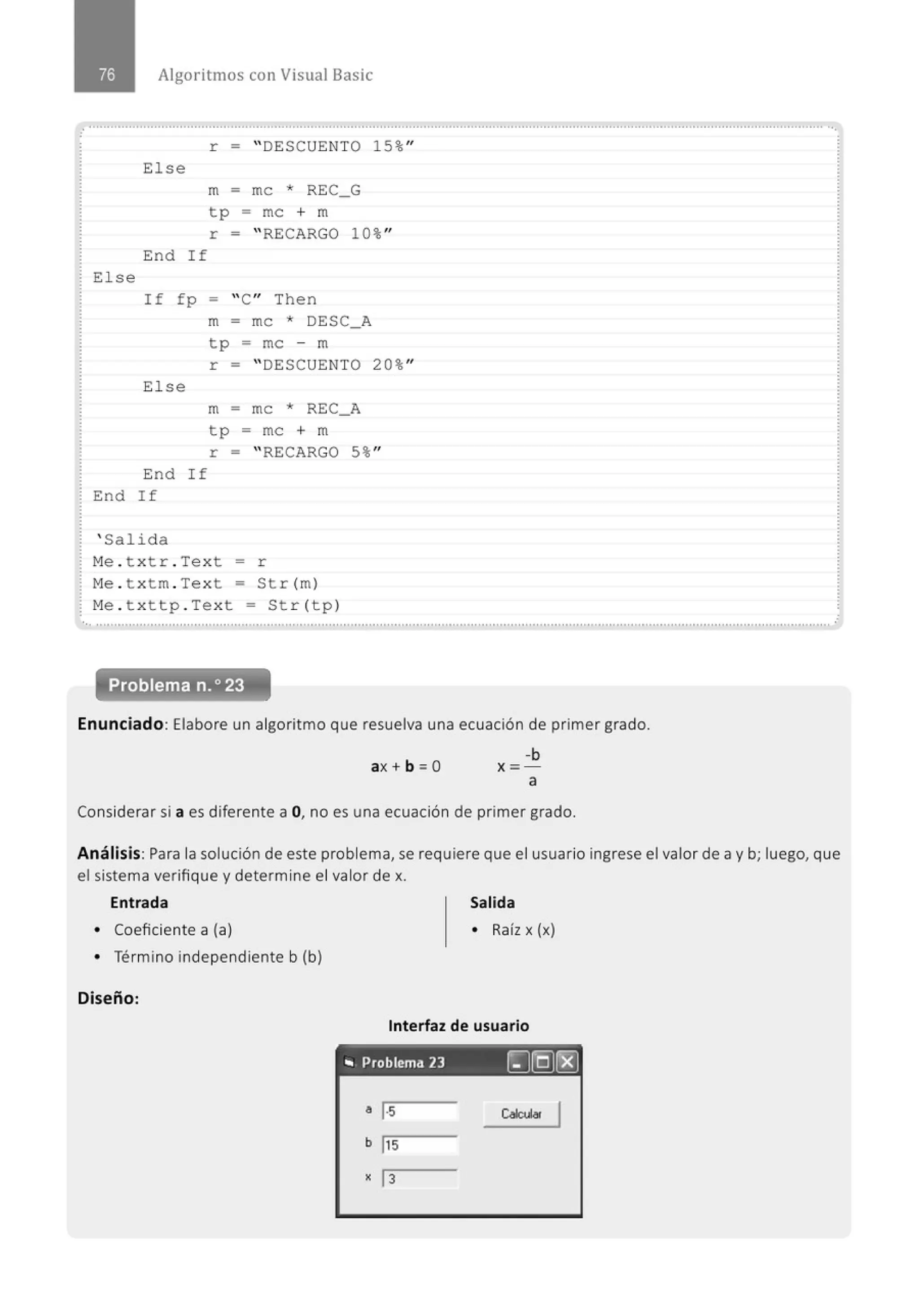 Algoritmos con Visual Basic
.............................................................................................................................................................................................................
r = "DESCUENTO 15%"
Else
m = me * REC_G
tp = me + m
r = " RECARGO 10%"
End If
El se
If fp = "C" Then
m - me * DESC_A
tp - me - m
r - " DESCUENTO 20%"
Else
m - me * REC_A
tp - me + m
r - " RECARGO 5%"
End If
End If
' Salida
M
e . t x tr . Tex t = r
Me . txtm . Tex t = Str (m)
M
e . t x ttp . Tex t = Str (tp )
... .......................................................................................................................................................................................................... ..
Enunciado: Elabore un algoritmo que resuelva una ecuación de primer grado.
ax + b = O
-b
x = -
a
Considerar si a es diferente a O
, no es una ecuación de primer grado.
Análisis: Para la solución de este problema, se requiere que el usuario ingrese el valor de a y b; luego, que
el sistema verifique y determine el valor de x.
Entrada Salida
• Coeficiente a (a)
• Término independiente b (b)
Diseño:
• Raíz x (x)
Interfaz de usuario
._ Problema 23 ~@t8]
a 1·5
b 115
X IJ
Calcular
 