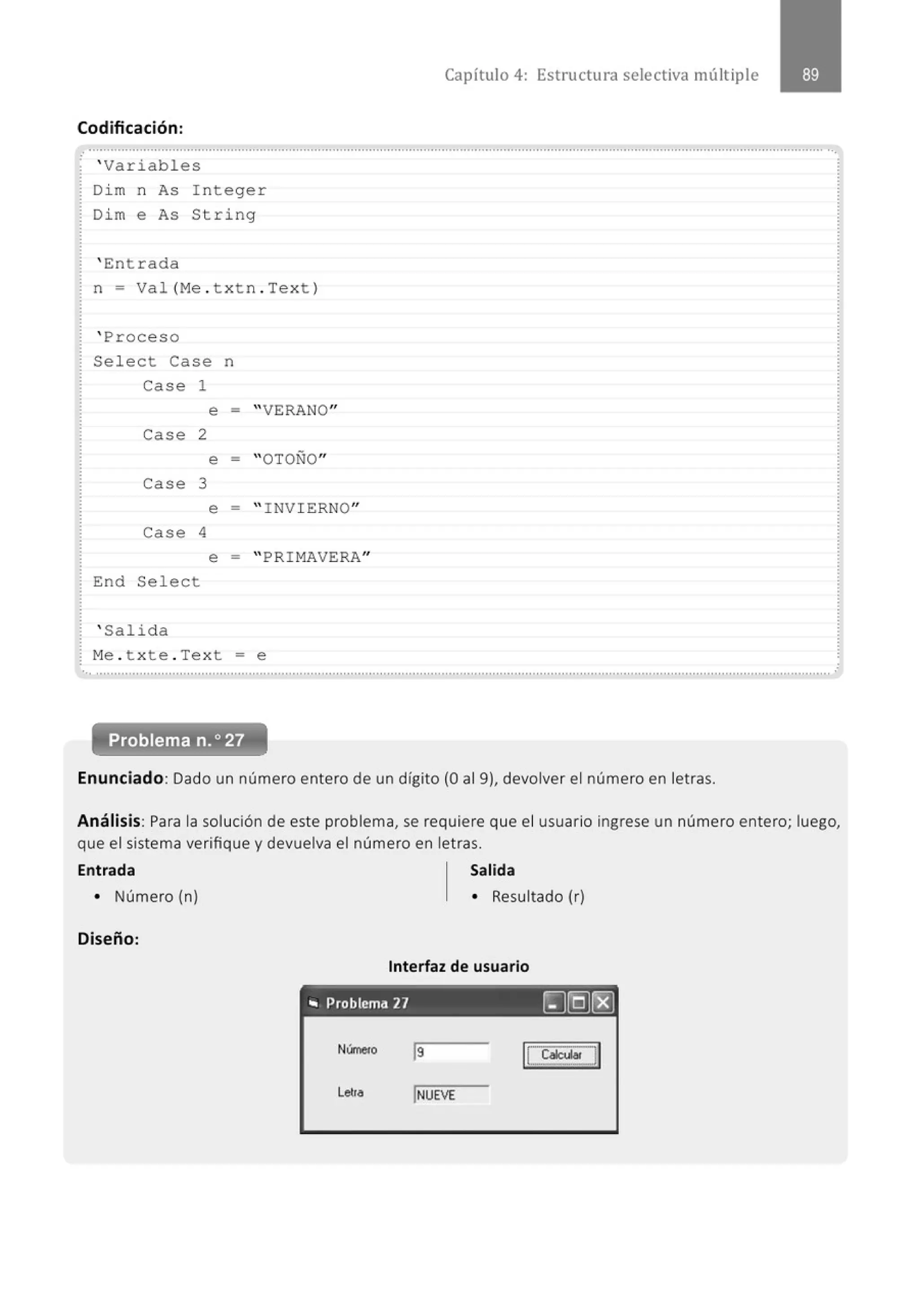 Codificación:
' Variabl es
Di m n As I nteger
Di m e As String
' Entrada
n = Val (M
e . t xt n . Te xt )
' Proceso
Select Case n
Case 1
e - "VERANO"
Case 2
e - "OTOÑO"
Case 3
e - " INVI ERNO"
Case 4
e - " PRI MAVERA"
End Sel e c t
' Salida
M
e . t xte . Te xt = e
Capítulo 4: Estructura selectiva múltiple
'•' ....................................................................................................································.......................································..............
Problema n.o27
Enunciado: Dado un número entero de un dígito (O al 9), devolver el número en letras.
Análisis: Para la solución de este problema, se requiere que el usuario ingrese un número entero; luego,
que el sistema verifique y devuelva el número en letras.
Entrada Salida
• Número (n) • Resultado (r)
Diseño:
Interfaz de usuario
"' Problema 27 (g[Q)[8)
Númeto ls
Letra jNUEVE
 