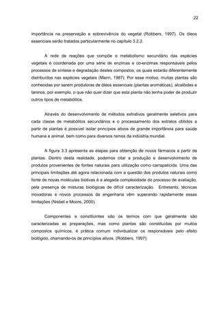 22
importância na preservação e sobrevivência do vegetal (Robbers, 1997). Os óleos
essenciais serão tratados particularmente no capítulo 3.2.2.
A rede de reações que compõe o metabolismo secundário das espécies
vegetais é coordenada por uma série de enzimas e co-enzimas responsáveis pelos
processos de síntese e degradação destes compostos, os quais estarão diferentemente
distribuídos nas espécies vegetais (Mann, 1987). Por esse motivo, muitas plantas são
conhecidas por serem produtoras de óleos essenciais (plantas aromáticas), alcalóides e
taninos, por exemplo, o que não quer dizer que esta planta não tenha poder de produzir
outros tipos de metabólitos.
Através do desenvolvimento de métodos extrativos geralmente seletivos para
cada classe de metabólitos secundários e o processamento dos extratos obtidos a
partir de plantas é possível isolar princípios ativos de grande importância para saúde
humana e animal, bem como para diversos ramos da indústria mundial.
A figura 3.3 apresenta as etapas para obtenção de novos fármacos a partir de
plantas. Dentro desta realidade, podemos citar a produção e desenvolvimento de
produtos provenientes de fontes naturais para utilização como carrapaticida. Uma das
principais limitações até agora relacionada com a questão dos produtos naturais como
fonte de novas moléculas biotivas é a alegada complexidade do processo de avaliação,
pela presença de misturas biológicas de difícil caracterização. Entretanto, técnicas
inovadoras e novos processos de engenharia vêm superando rapidamente essas
limitações (Nisbet e Moore, 2000).
Componentes e constituintes são os termos com que geralmente são
caracterizadas as preparações, mas como plantas são constituídas por muitos
compostos químicos, é prática comum individualizar os responsáveis pelo efeito
biológico, chamando-os de princípios ativos. (Robbers, 1997).
 
