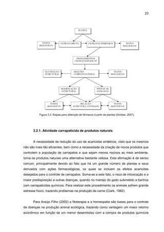 23
Figura 3.3. Etapas para obtenção de fármacos à partir de plantas (Simões, 2007).
3.2.1. Atividade carrapaticida de produtos naturais
A necessidade de redução do uso de acaricidas sintéticos, visto que os mesmos
não são mais tão eficientes, bem como a necessidade da criação de novos produtos que
controlem a população de carrapatos e que sejam menos nocivos ao meio ambiente,
torna os produtos naturais uma alternativa bastante valiosa. Esta afirmação é de senso
comum, principalmente devido ao fato que há um grande número de plantas e seus
derivados com ações farmacológicas, os quais se incluem os efeitos acaricidas
desejados para o controle de carrapatos. Soma-se a este fato, o risco de intoxicação e a
maior predisposição a outras doenças, quando no manejo do gado submetido a banhos
com carrapaticidas químicos. Para realizar este procedimento os animais sofrem grande
estresse físico, trazendo problemas na produção de carne (Clark, 1982).
Para Araújo Filho (2002) a fitoterapia e a homeopatia são bases para o controle
de doenças na produção animal ecológica, trazendo como vantagem um maior retorno
econômico em função de um menor desembolso com a compra de produtos químicos
 