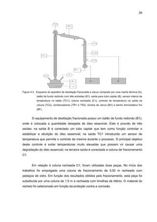 39
Figura 4.3. Esquema do aparelho de destilação fracionada a vácuo composto por uma manta térmica (A),
balão de fundo redondo com três entradas (B1), saída para tubo capilar (B), sensor interno de
temperatura no balão (TC1), coluna recheada (C1), controle de temperatura na saída da
coluna (TC2), condensadores (TR1 e TR2), bomba de vácuo (BV) e banho termostático frio
(BF).
O equipamento de destilação fracionada possui um balão de fundo redondo (B1),
onde é colocada a quantidade desejada de óleo essencial. Este é provido de três
saídas: na saída B é conectado um tubo capilar que tem como função controlar e
estabilizar a ebulição do óleo essencial; na saída TC1 introduzido um sensor de
temperatura que permite o controle da mesma durante o processo. O principal objetivo
deste controle é evitar temperaturas muito elevadas que possam vir causar uma
degradação do óleo essencial; na terceira saída é conectada a coluna de fracionamento
C1.
Em relação à coluna recheada C1, foram utilizadas duas peças. No início dos
trabalhos foi empregada uma coluna de fracionamento de 0,50 m recheada com
pedaços de vidro. Em função dos resultados obtidos pelo fracionamento, esta peça foi
substituída por uma coluna de 1,5 m e recheada com limalhas de titânio. O material do
recheio foi selecionado em função da proteção contra a corrosão.
 