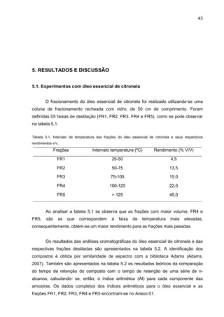 43
5. RESULTADOS E DISCUSSÃO
5.1. Experimentos com óleo essencial de citronela
O fracionamento do óleo essencial de citronela foi realizado utilizando-se uma
coluna de fracionamento recheada com vidro, de 50 cm de comprimento. Foram
definidas 05 faixas de destilação (FR1, FR2, FR3, FR4 e FR5), como se pode observar
na tabela 5.1.
Tabela 5.1. Intervalo de temperatura das frações do óleo essencial de citronela e seus respectivos
rendimentos v/v.
Frações Intervalo temperatura (ºC) Rendimento (% V/V)
FR1 25-50 4,5
FR2 50-75 13,5
FR3 75-100 15,0
FR4 100-125 22,0
FR5 > 125 45,0
Ao analisar a tabela 5.1 se observa que as frações com maior volume, FR4 e
FR5, são as que correspondem à faixa de temperatura mais elevadas,
consequentemente, obtém-se um maior rendimento para as frações mais pesadas.
Os resultados das análises cromatográficas do óleo essencial de citronela e das
respectivas frações destiladas são apresentados na tabela 5.2. A identificação dos
compostos é obtida por similaridade de espectro com a biblioteca Adams (Adams,
2007). Também são apresentados na tabela 5.2 os resultados teóricos da comparação
do tempo de retenção do composto com o tempo de retenção de uma série de n-
alcanos, calculando- se, então, o índice aritmético (AI) para cada componente das
amostras. Os dados completos dos índices aritméticos para o óleo essencial e as
frações FR1, FR2, FR3, FR4 e FR5 encontram-se no Anexo 01.
 