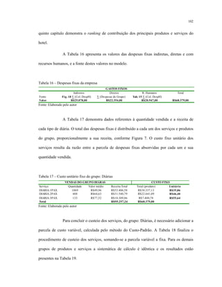 102
quinto capítulo demonstra o ranking de contribuição dos principais produtos e serviços do
hotel.
A Tabela 16 apresenta os valores das despesas fixas indiretas, diretas e com
recursos humanos, e a fonte destes valores no modelo.
Tabela 16 – Despesas fixas da empresa
Indiretos Diretos R. Humanos Total
Fonte Fig. 18 ∑ (Col. DespH) ∑ (Despesas do Grupo) Tab. 15 ∑ (Col. DespH)
Valor R$25.078,00 R$22.354,00 R$20.947,00 R$68.379,00
GASTOS FIXOS
Fonte: Elaborado pelo autor
A Tabela 17 demonstra dados referentes à quantidade vendida e a receita de
cada tipo de diária. O total das despesas fixas é distribuído a cada um dos serviços e produtos
do grupo, proporcionalmente a sua receita, conforme Figura 7. O custo fixo unitário dos
serviços resulta da razão entre a parcela de despesas fixas absorvidas por cada um e sua
quantidade vendida.
Tabela 17 – Custo unitário fixo do grupo: Diárias
Serviço Quantidade Valor médio Receita Total Total (produto) Unitário
DIARIA 1PAX 1069 R$49,96 R$53.406,58 R$38.337,13 R$35,86
DIARIA 2PAX 488 R$64,63 R$31.540,79 R$22.641,09 R$46,40
DIARIA 3PAX 133 R$77,52 R$10.309,86 R$7.400,78 R$55,64
Total R$95.257,24 R$68.379,00
VENDAS DO GRUPO DIÁRAS CUSTO FIXO
Fonte: Elaborado pelo autor
Para concluir o custeio dos serviços, do grupo: Diárias, é necessário adicionar a
parcela de custo variável, calculada pelo método do Custo-Padrão. A Tabela 18 finaliza o
procedimento de custeio dos serviços, somando-se a parcela variável a fixa. Para os demais
grupos de produtos e serviços a sistemática de cálculo é idêntica e os resultados estão
presentes na Tabela 19.
 