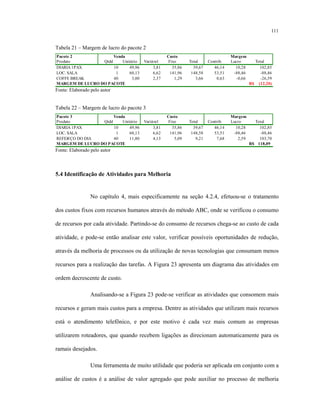 111
Tabela 21 – Margem de lucro do pacote 2
Qtdd Unitário Variável Fixo Total Contrib. Lucro Total
10 49,96 3,81 35,86 39,67 46,14 10,28 102,85
1 60,13 6,62 141,96 148,58 53,51 -88,46 -88,46
40 3,00 2,37 1,29 3,66 0,63 -0,66 -26,59
(12,20)R$
Pacote 2
Produto
DIARIA 1PAX
MARGEM DE LUCRO DO PACOTE
COFFE BREAK
MargemVenda Custo
LOC. SALA
Fonte: Elaborado pelo autor
Tabela 22 – Margem de lucro do pacote 3
Qtdd Unitário Variável Fixo Total Contrib. Lucro Total
10 49,96 3,81 35,86 39,67 46,14 10,28 102,85
1 60,13 6,62 141,96 148,58 53,51 -88,46 -88,46
40 11,80 4,13 5,09 9,21 7,68 2,59 103,70
118,09R$
Pacote 3 Venda Custo Margem
MARGEM DE LUCRO DO PACOTE
Produto
DIARIA 1PAX
LOC. SALA
REFEI€ÇO DO DIA
Fonte: Elaborado pelo autor
5.4 Identificação de Atividades para Melhoria
No capítulo 4, mais especificamente na seção 4.2.4, efetuou-se o tratamento
dos custos fixos com recursos humanos através do método ABC, onde se verificou o consumo
de recursos por cada atividade. Partindo-se do consumo de recursos chega-se ao custo de cada
atividade, e pode-se então analisar este valor, verificar possíveis oportunidades de redução,
através da melhoria de processos ou da utilização de novas tecnologias que consumam menos
recursos para a realização das tarefas. A Figura 23 apresenta um diagrama das atividades em
ordem decrescente de custo.
Analisando-se a Figura 23 pode-se verificar as atividades que consomem mais
recursos e geram mais custos para a empresa. Dentre as atividades que utilizam mais recursos
está o atendimento telefônico, e por este motivo é cada vez mais comum as empresas
utilizarem roteadores, que quando recebem ligações as direcionam automaticamente para os
ramais desejados.
Uma ferramenta de muito utilidade que poderia ser aplicada em conjunto com a
análise de custos é a análise de valor agregado que pode auxiliar no processo de melhoria
 