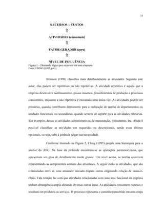 34
RECURSOS – CUSTOS
⇑
ATIVIDADES (consomem)
⇑
FATOR GERADOR (gera)
⇑
NÍVEL DE INFLUÊNCIA
Figura 1 – Demanda lógica por recursos em uma empresa
Fonte: CHING (1995, p.43)
Brimson (1996) classifica mais detalhadamente as atividades. Segundo este
autor, elas podem ser repetitivas ou não repetitivas. A atividade repetitiva é aquela que a
empresa desenvolve continuamente, possui insumos, procedimentos de produção e processos
consistentes, enquanto a não repetitiva é executada uma única vez. As atividades podem ser
primárias, quando contribuem diretamente para a realização de tarefas de departamentos ou
unidades funcionais, ou secundárias, quando servem de suporte para as atividades primárias.
São exemplos destas as atividades administrativas, de manutenção, treinamento, etc. Ainda é
possível classificar as atividades em requeridas ou descricionais, sendo estas últimas
opcionais, ou seja, cabe à gerência julgar sua necessidade.
Conforme ilustrado na Figura 2, Ching (1995) propõe uma hierarquia para a
análise do ABC. Na base da pirâmide encontram-se as operações pormenorizadas, que
apresentam um grau de detalhamento muito grande. Um nível acima, as tarefas aparecem
representando as componentes comuns das atividades. A seguir estão as atividades, que são
relacionadas entre si; uma atividade iniciada dispara outras originando relação de causa-e-
efeito. Esta relação faz com que atividades relacionadas com uma área funcional da empresa
tenham abrangência ampla afetando diversas outras áreas. As atividades consomem recursos e
resultam em produtos ou serviços. O processo representa o caminho percorrido em uma etapa
 