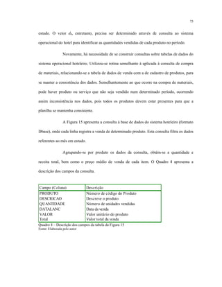 75
estudo. O vetor d0, entretanto, precisa ser determinado através de consulta ao sistema
operacional do hotel para identificar as quantidades vendidas de cada produto no período.
Novamente, há necessidade de se construir consultas sobre tabelas de dados do
sistema operacional hoteleiro. Utilizou-se rotina semelhante à aplicada à consulta de compra
de materiais, relacionando-se a tabela de dados de venda com a de cadastro de produtos, para
se manter a consistência dos dados. Semelhantemente ao que ocorre na compra de materiais,
pode haver produto ou serviço que não seja vendido num determinado período, ocorrendo
assim inconsistência nos dados, pois todos os produtos devem estar presentes para que a
planilha se mantenha consistente.
A Figura 15 apresenta a consulta à base de dados do sistema hoteleiro (formato
Dbase), onde cada linha registra a venda de determinado produto. Esta consulta filtra os dados
referentes ao mês em estudo.
Agrupando-se por produto os dados da consulta, obtém-se a quantidade e
receita total, bem como o preço médio de venda de cada item. O Quadro 4 apresenta a
descrição dos campos da consulta.
Campo (Coluna) Descrição
PRODUTO Número de código do Produto
DESCRICAO Descreve o produto
QUANTIDADE Número de unidades vendidas
DATALANC Data da venda
VALOR Valor unitário do produto
Total Valor total da venda
Quadro 4 – Descrição dos campos da tabela da Figura 15
Fonte: Elaborada pelo autor
 