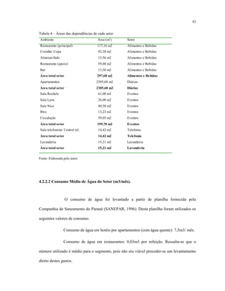 82
Tabela 4 – Áreas das dependências de cada setor
Ambiente Área (m2
) Setor
Restaurante (principal) 117,16 m2 Alimentos e Bebidas
Cozinha/ Copa 92,38 m2 Alimentos e Bebidas
Almoxarifado 15,56 m2 Alimentos e Bebidas
Restaurante (apoio) 59,08 m2 Alimentos e Bebidas
Bar 13,50 m2 Alimentos e Bebidas
Área total setor 297,68 m2 Alimentos e Bebidas
Apartamentos 2305,68 m2 Diárias
Área total setor 2305,68 m2 Diárias
Sala Rochele 61,00 m2 Eventos
Sala Lyon 26,00 m2 Eventos
Sala Nice 40,50 m2 Eventos
Bwc 13,23 m2 Eventos
Circulação 59,05 m2 Eventos
Área total setor 199,78 m2 Eventos
Sala telefonista/ Central tel. 14,42 m2 Telefonia
Área total setor 14,42 m2 Telefonia
Lavanderia 15,21 m2 Lavanderia
Área total setor 15,21 m2 Lavanderia
Fonte: Elaborada pelo autor
4.2.2.2 Consumo Médio de Água do Setor (m3/mês).
O consumo de água foi levantado a partir de planilha fornecida pela
Companhia de Saneamento do Paraná (SANEPAR, 1996). Desta planilha foram utilizados os
seguintes valores de consumo.
Consumo de água em hotéis por apartamentos (com água quente): 7,5m3/ mês.
Consumo de água em restaurantes: 0,03m3 por refeição. Ressalta-se que o
número utilizado é médio para o segmento, pois não era viável proceder-se um levantamento
direto destes gastos.
 