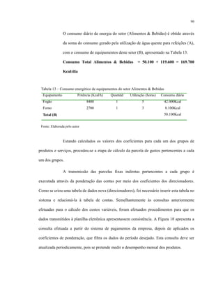 90
O consumo diário de energia do setor (Alimentos & Bebidas) é obtido através
da soma do consumo gerado pela utilização de água quente para refeições (A),
com o consumo de equipamentos deste setor (B), apresentado na Tabela 13.
Consumo Total Alimentos & Bebidas = 50.100 + 119.600 = 169.700
Kcal/dia
Tabela 13 – Consumo energético de equipamentos do setor Alimentos & Bebidas
Equipamento Potência (Kcal/h) Quantdd Utilização (horas) Consumo diário
Fogão 8400 1 5 42.000Kcal
Forno 2700 1 3 8.100Kcal
Total (B) 50.100Kcal
Fonte: Elaborada pelo autor
Estando calculados os valores dos coeficientes para cada um dos grupos de
produtos e serviços, procedeu-se a etapa de cálculo da parcela de gastos pertencentes a cada
um dos grupos.
A transmissão das parcelas fixas indiretas pertencentes a cada grupo é
executada através da ponderação das contas por meio dos coeficientes dos direcionadores.
Como se criou uma tabela de dados nova (direcionadores), foi necessário inserir esta tabela no
sistema e relacioná-la à tabela de contas. Semelhantemente às consultas anteriormente
efetuadas para o cálculo dos custos variáveis, foram efetuados procedimentos para que os
dados transmitidos à planilha eletrônica apresentassem consistência. A Figura 18 apresenta a
consulta efetuada a partir do sistema de pagamentos da empresa, depois de aplicados os
coeficientes de ponderação, que filtra os dados do período desejado. Esta consulta deve ser
atualizada periodicamente, pois se pretende medir o desempenho mensal dos produtos.
 