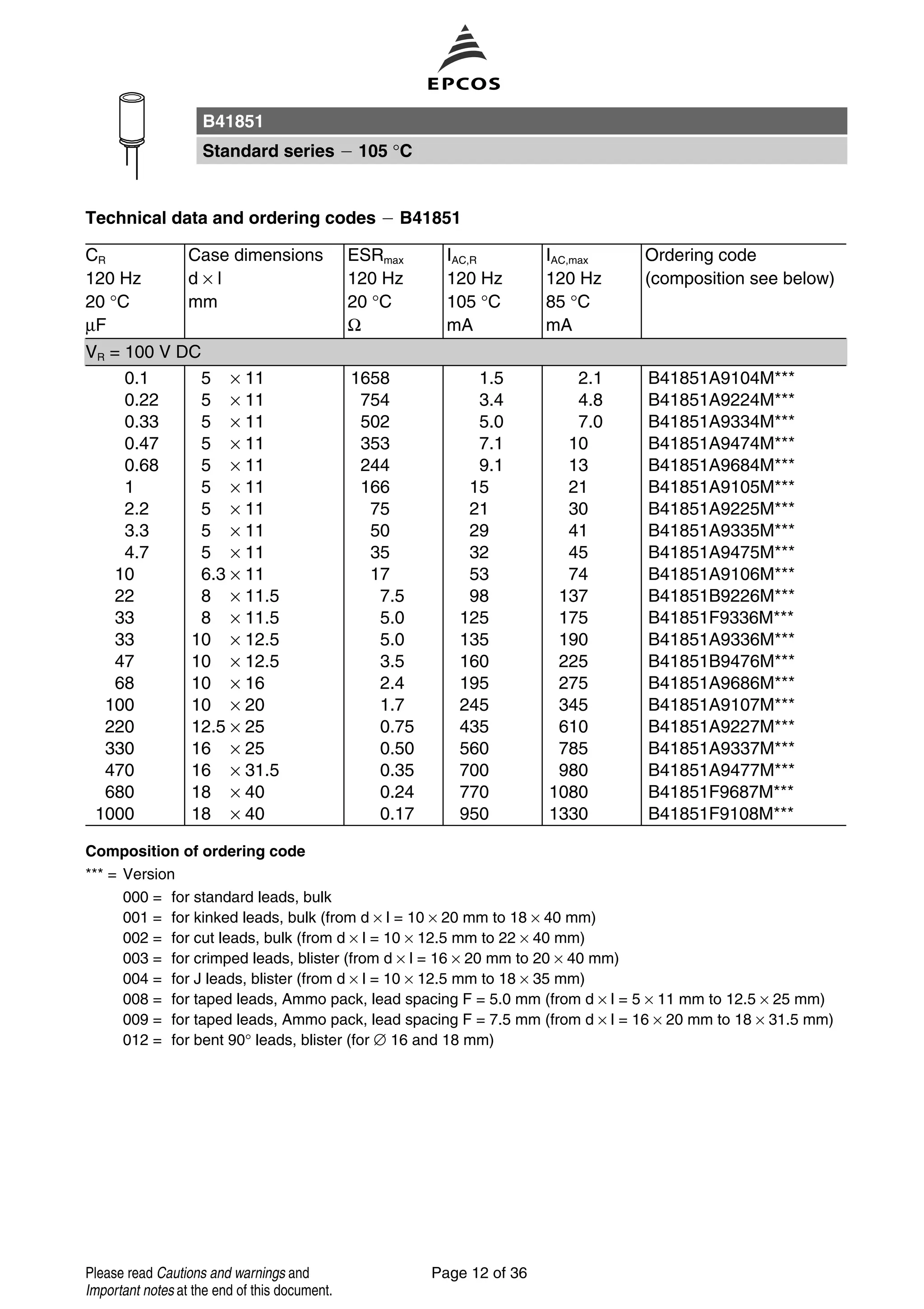 Technical data and ordering codes B41851
CR
120 Hz
20 °C
µF
Case dimensions
d × l
mm
ESRmax
120 Hz
20 °C
Ω
IAC,R
120 Hz
105 °C
mA
IAC,max
120 Hz
85 °C
mA
Ordering code
(composition see below)
Composition of ordering code
*** = Version
000 = for standard leads, bulk
001 = for kinked leads, bulk (from d × l = 10 × 20 mm to 18 × 40 mm)
002 = for cut leads, bulk (from d × l = 10 × 12.5 mm to 22 × 40 mm)
003 = for crimped leads, blister (from d × l = 16 × 20 mm to 20 × 40 mm)
004 = for J leads, blister (from d × l = 10 × 12.5 mm to 18 × 35 mm)
008 = for taped leads, Ammo pack, lead spacing F = 5.0 mm (from d × l = 5 × 11 mm to 12.5 × 25 mm)
009 = for taped leads, Ammo pack, lead spacing F = 7.5 mm (from d × l = 16 × 20 mm to 18 × 31.5 mm)
012 = for bent 90° leads, blister (for ∅ 16 and 18 mm)
VR = 100 V DC
0.1 5 × 11 1658 1.5 2.1 B41851A9104M***
0.22 5 × 11 754 3.4 4.8 B41851A9224M***
0.33 5 × 11 502 5.0 7.0 B41851A9334M***
0.47 5 × 11 353 7.1 10 B41851A9474M***
0.68 5 × 11 244 9.1 13 B41851A9684M***
1 5 × 11 166 15 21 B41851A9105M***
2.2 5 × 11 75 21 30 B41851A9225M***
3.3 5 × 11 50 29 41 B41851A9335M***
4.7 5 × 11 35 32 45 B41851A9475M***
10 6.3 × 11 17 53 74 B41851A9106M***
22 8 × 11.5 7.5 98 137 B41851B9226M***
33 8 × 11.5 5.0 125 175 B41851F9336M***
33 10 × 12.5 5.0 135 190 B41851A9336M***
47 10 × 12.5 3.5 160 225 B41851B9476M***
68 10 × 16 2.4 195 275 B41851A9686M***
100 10 × 20 1.7 245 345 B41851A9107M***
220 12.5 × 25 0.75 435 610 B41851A9227M***
330 16 × 25 0.50 560 785 B41851A9337M***
470 16 × 31.5 0.35 700 980 B41851A9477M***
680 18 × 40 0.24 770 1080 B41851F9687M***
1000 18 × 40 0.17 950 1330 B41851F9108M***
B41851
Standard series 105 °C
Page 12 of 36Please read Cautions and warnings and
Important notes at the end of this document.
 