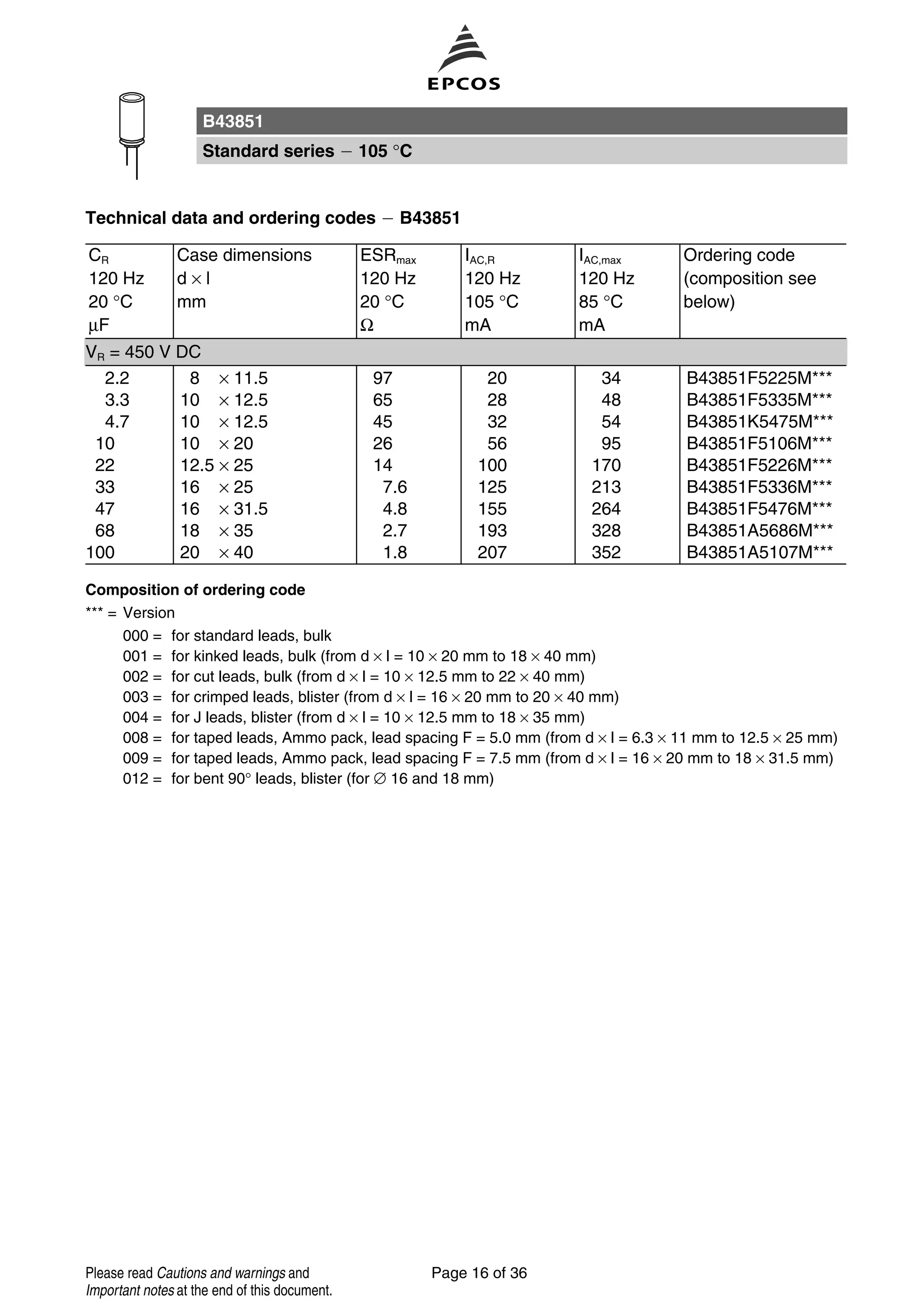 Technical data and ordering codes B43851
CR
120 Hz
20 °C
µF
Case dimensions
d × l
mm
ESRmax
120 Hz
20 °C
Ω
IAC,R
120 Hz
105 °C
mA
IAC,max
120 Hz
85 °C
mA
Ordering code
(composition see
below)
Composition of ordering code
*** = Version
000 = for standard leads, bulk
001 = for kinked leads, bulk (from d × l = 10 × 20 mm to 18 × 40 mm)
002 = for cut leads, bulk (from d × l = 10 × 12.5 mm to 22 × 40 mm)
003 = for crimped leads, blister (from d × l = 16 × 20 mm to 20 × 40 mm)
004 = for J leads, blister (from d × l = 10 × 12.5 mm to 18 × 35 mm)
008 = for taped leads, Ammo pack, lead spacing F = 5.0 mm (from d × l = 6.3 × 11 mm to 12.5 × 25 mm)
009 = for taped leads, Ammo pack, lead spacing F = 7.5 mm (from d × l = 16 × 20 mm to 18 × 31.5 mm)
012 = for bent 90° leads, blister (for ∅ 16 and 18 mm)
VR = 450 V DC
2.2 8 × 11.5 97 20 34 B43851F5225M***
3.3 10 × 12.5 65 28 48 B43851F5335M***
4.7 10 × 12.5 45 32 54 B43851K5475M***
10 10 × 20 26 56 95 B43851F5106M***
22 12.5 × 25 14 100 170 B43851F5226M***
33 16 × 25 7.6 125 213 B43851F5336M***
47 16 × 31.5 4.8 155 264 B43851F5476M***
68 18 × 35 2.7 193 328 B43851A5686M***
100 20 × 40 1.8 207 352 B43851A5107M***
B43851
Standard series 105 °C
Page 16 of 36Please read Cautions and warnings and
Important notes at the end of this document.
 