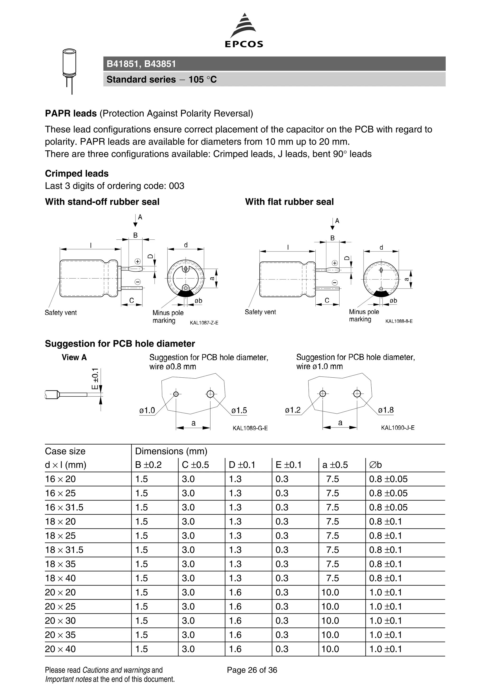 PAPR leads (Protection Against Polarity Reversal)
These lead configurations ensure correct placement of the capacitor on the PCB with regard to
polarity. PAPR leads are available for diameters from 10 mm up to 20 mm.
There are three configurations available: Crimped leads, J leads, bent 90° leads
Crimped leads
Last 3 digits of ordering code: 003
With stand-off rubber seal With flat rubber seal
Suggestion for PCB hole diameter
Case size Dimensions (mm)
d × l (mm) B ±0.2 C ±0.5 D ±0.1 E ±0.1 a ±0.5 ∅b
16 × 20 1.5 3.0 1.3 0.3 7.5 0.8 ±0.05
16 × 25 1.5 3.0 1.3 0.3 7.5 0.8 ±0.05
16 × 31.5 1.5 3.0 1.3 0.3 7.5 0.8 ±0.05
18 × 20 1.5 3.0 1.3 0.3 7.5 0.8 ±0.1
18 × 25 1.5 3.0 1.3 0.3 7.5 0.8 ±0.1
18 × 31.5 1.5 3.0 1.3 0.3 7.5 0.8 ±0.1
18 × 35 1.5 3.0 1.3 0.3 7.5 0.8 ±0.1
18 × 40 1.5 3.0 1.3 0.3 7.5 0.8 ±0.1
20 × 20 1.5 3.0 1.6 0.3 10.0 1.0 ±0.1
20 × 25 1.5 3.0 1.6 0.3 10.0 1.0 ±0.1
20 × 30 1.5 3.0 1.6 0.3 10.0 1.0 ±0.1
20 × 35 1.5 3.0 1.6 0.3 10.0 1.0 ±0.1
20 × 40 1.5 3.0 1.6 0.3 10.0 1.0 ±0.1
B41851, B43851
Standard series 105 °C
Page 26 of 36Please read Cautions and warnings and
Important notes at the end of this document.
 