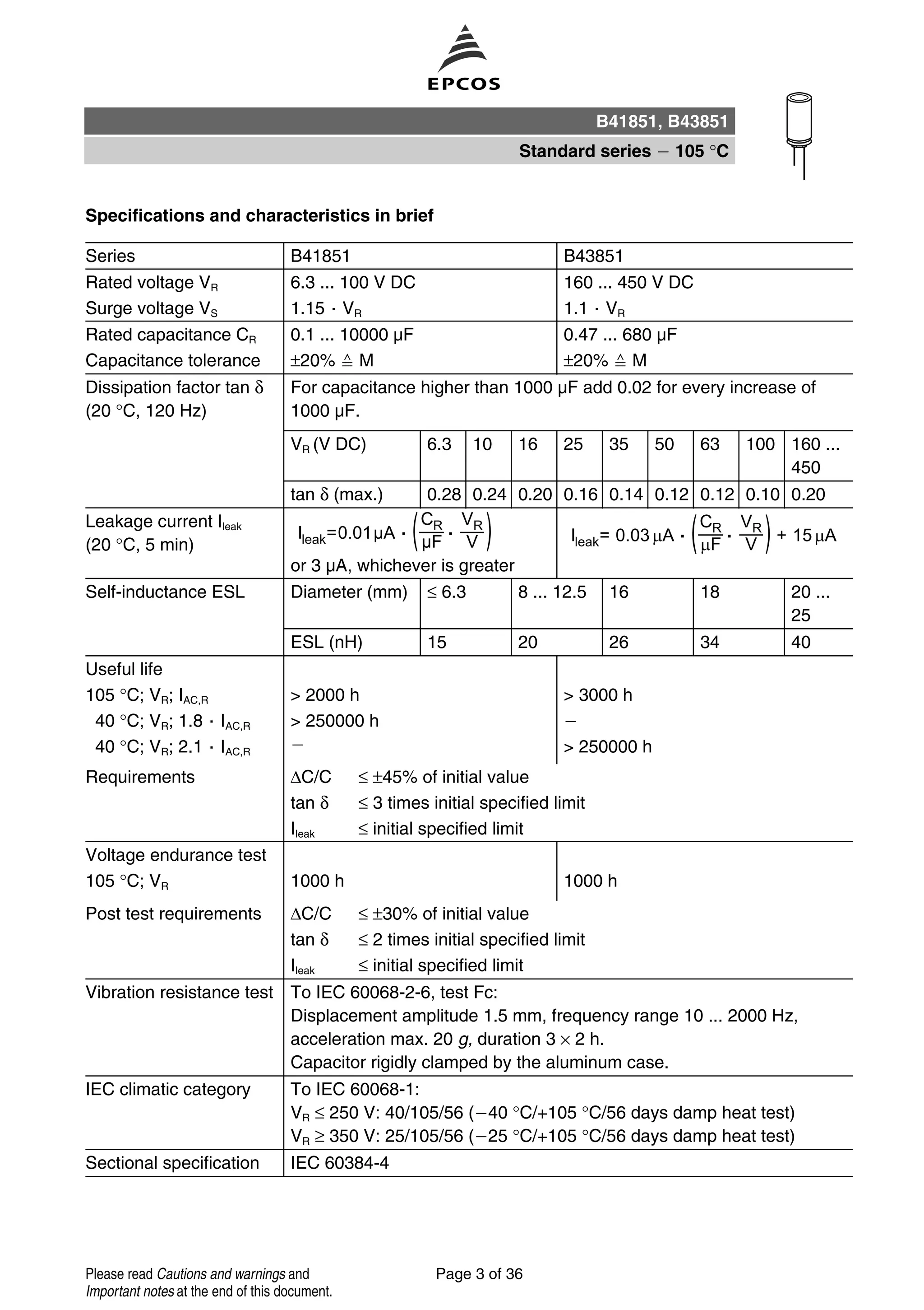 Specifications and characteristics in brief
Series B41851 B43851
Rated voltage VR 6.3 ... 100 V DC 160 ... 450 V DC
Surge voltage VS 1.15 VR 1.1 VR
Rated capacitance CR 0.1 ... 10000 µF 0.47 ... 680 µF
Capacitance tolerance ±20% M ±20% M
Dissipation factor tan δ
(20 °C, 120 Hz)
For capacitance higher than 1000 µF add 0.02 for every increase of
1000 µF.
VR (V DC) 6.3 10 16 25 35 50 63 100 160 ...
450
tan δ (max.) 0.28 0.24 0.20 0.16 0.14 0.12 0.12 0.10 0.20
Leakage current Ileak
(20 °C, 5 min)
or 3 µA, whichever is greater
Self-inductance ESL Diameter (mm) ≤ 6.3 8 ... 12.5 16 18 20 ...
25
ESL (nH) 15 20 26 34 40
Useful life
105 °C; VR; IAC,R > 2000 h > 3000 h
40 °C; VR; 1.8 IAC,R > 250000 h
40 °C; VR; 2.1 IAC,R > 250000 h
Requirements ∆C/C ≤ ±45% of initial value
tan δ ≤ 3 times initial specified limit
Ileak ≤ initial specified limit
Voltage endurance test
105 °C; VR 1000 h 1000 h
Post test requirements ∆C/C ≤ ±30% of initial value
tan δ ≤ 2 times initial specified limit
Ileak ≤ initial specified limit
Vibration resistance test To IEC 60068-2-6, test Fc:
Displacement amplitude 1.5 mm, frequency range 10 ... 2000 Hz,
acceleration max. 20 g, duration 3 × 2 h.
Capacitor rigidly clamped by the aluminum case.
IEC climatic category To IEC 60068-1:
VR ≤ 250 V: 40/105/56 ( 40 °C/+105 °C/56 days damp heat test)
VR ≥ 350 V: 25/105/56 ( 25 °C/+105 °C/56 days damp heat test)
Sectional specification IEC 60384-4
B41851, B43851
Standard series 105 °C
Page 3 of 36Please read Cautions and warnings and
Important notes at the end of this document.
 