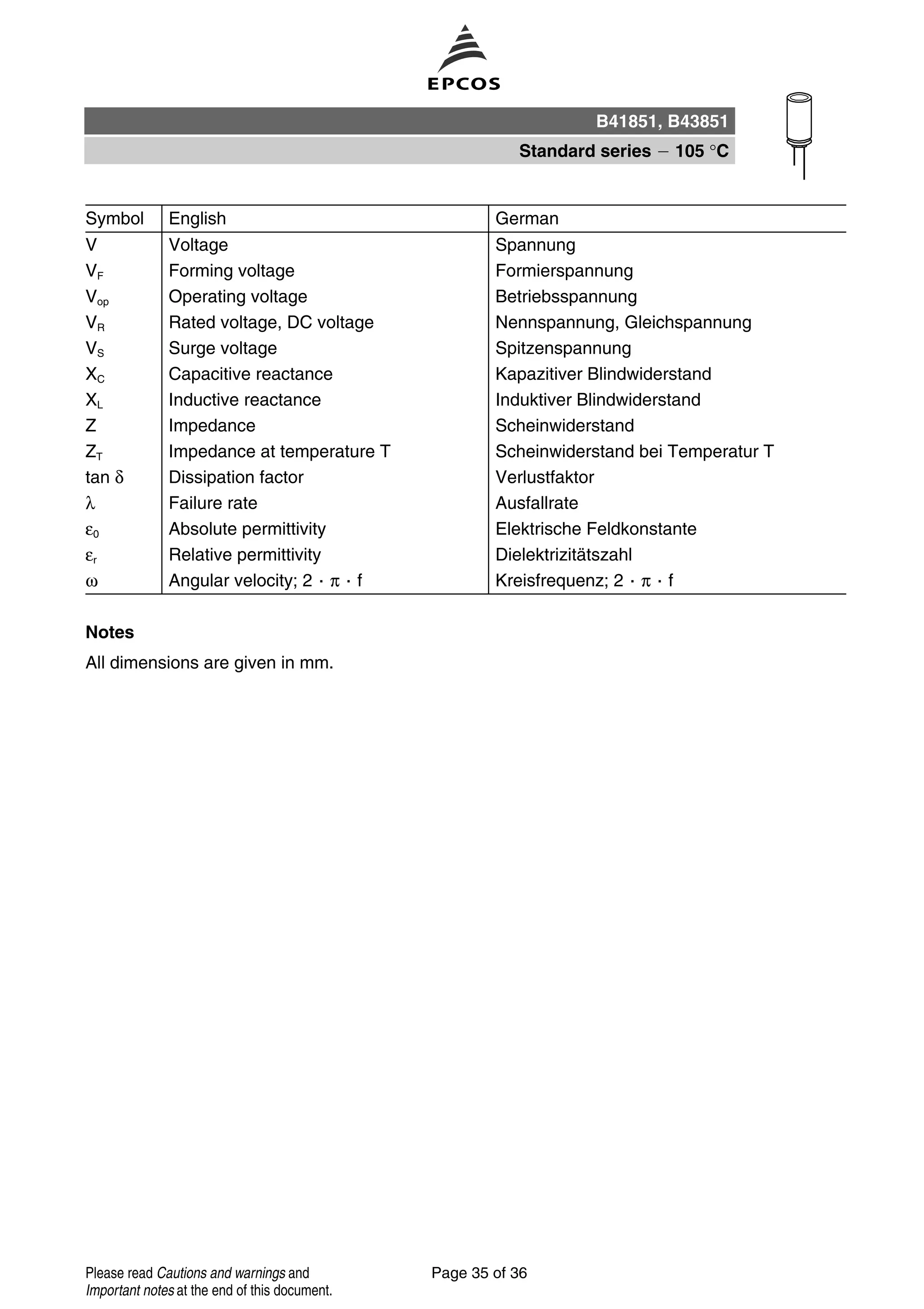 Symbol English German
V Voltage Spannung
VF Forming voltage Formierspannung
Vop Operating voltage Betriebsspannung
VR Rated voltage, DC voltage Nennspannung, Gleichspannung
VS Surge voltage Spitzenspannung
XC Capacitive reactance Kapazitiver Blindwiderstand
XL Inductive reactance Induktiver Blindwiderstand
Z Impedance Scheinwiderstand
ZT Impedance at temperature T Scheinwiderstand bei Temperatur T
tan δ Dissipation factor Verlustfaktor
λ Failure rate Ausfallrate
ε0 Absolute permittivity Elektrische Feldkonstante
εr Relative permittivity Dielektrizitätszahl
ω Angular velocity; 2 π f Kreisfrequenz; 2 π f
Notes
All dimensions are given in mm.
B41851, B43851
Standard series 105 °C
Page 35 of 36Please read Cautions and warnings and
Important notes at the end of this document.
 