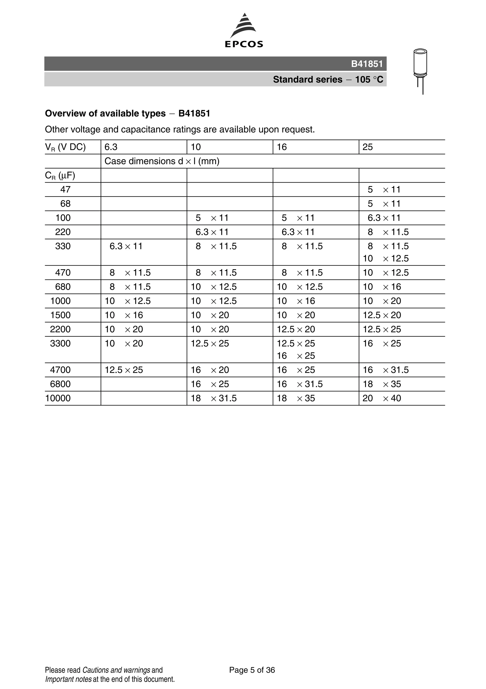 Overview of available types B41851
Other voltage and capacitance ratings are available upon request.
VR (V DC) 6.3 10 16 25
Case dimensions d × l (mm)
CR (µF)
47 5 × 11
68 5 × 11
100 5 × 11 5 × 11 6.3 × 11
220 6.3 × 11 6.3 × 11 8 × 11.5
330 6.3 × 11 8 × 11.5 8 × 11.5 8 × 11.5
10 × 12.5
470 8 × 11.5 8 × 11.5 8 × 11.5 10 × 12.5
680 8 × 11.5 10 × 12.5 10 × 12.5 10 × 16
1000 10 × 12.5 10 × 12.5 10 × 16 10 × 20
1500 10 × 16 10 × 20 10 × 20 12.5 × 20
2200 10 × 20 10 × 20 12.5 × 20 12.5 × 25
3300 10 × 20 12.5 × 25 12.5 × 25
16 × 25
16 × 25
4700 12.5 × 25 16 × 20 16 × 25 16 × 31.5
6800 16 × 25 16 × 31.5 18 × 35
10000 18 × 31.5 18 × 35 20 × 40
B41851
Standard series 105 °C
Page 5 of 36Please read Cautions and warnings and
Important notes at the end of this document.
 