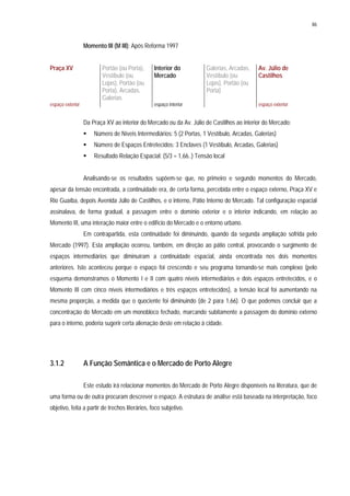 86
Momento III (M III): Após Reforma 1997
Praça XV Portão (ou Porta),
Vestíbulo (ou
Lojas), Portão (ou
Porta), Arcadas,
Galerias
Interior do
Mercado
Galerias, Arcadas,
Vestíbulo (ou
Lojas), Portão (ou
Porta)
Av. Júlio de
Castilhos
espaço exterior espaço interior espaço exterior
Da Praça XV ao interior do Mercado ou da Av. Júlio de Castilhos ao interior do Mercado:
Número de Níveis Intermediários: 5 (2 Portas, 1 Vestíbulo, Arcadas, Galerias)
Número de Espaços Entretecidos: 3 Enclaves (1 Vestíbulo, Arcadas, Galerias)
Resultado Relação Espacial: (5/3 = 1,66..) Tensão local
Analisando-se os resultados supõem-se que, no primeiro e segundo momentos do Mercado,
apesar da tensão encontrada, a continuidade era, de certa forma, percebida entre o espaço externo, Praça XV e
Rio Guaíba, depois Avenida Júlio de Castilhos, e o interno, Pátio Interno do Mercado. Tal configuração espacial
assinalava, de forma gradual, a passagem entre o domínio exterior e o interior indicando, em relação ao
Momento III, uma interação maior entre o edifício do Mercado e o entorno urbano.
Em contrapartida, esta continuidade foi diminuindo, quando da segunda ampliação sofrida pelo
Mercado (1997). Esta ampliação ocorreu, também, em direção ao pátio central, provocando o surgimento de
espaços intermediários que diminuíram a continuidade espacial, ainda encontrada nos dois momentos
anteriores. Isto aconteceu porque o espaço foi crescendo e seu programa tornando-se mais complexo (pelo
esquema demonstramos o Momento I e II com quatro níveis intermediários e dois espaços entretecidos, e o
Momento III com cinco níveis intermediários e três espaços entretecidos), a tensão local foi aumentando na
mesma proporção, a medida que o quociente foi diminuindo (de 2 para 1,66). O que podemos concluir que a
concentração do Mercado em um monobloco fechado, marcando subitamente a passagem do domínio externo
para o interno, poderia sugerir certa alienação deste em relação à cidade.
3.1.2 A Função Semântica e o Mercado de Porto Alegre
Este estudo irá relacionar momentos do Mercado de Porto Alegre disponíveis na literatura, que de
uma forma ou de outra procuram descrever o espaço. A estrutura de análise está baseada na interpretação, foco
objetivo, feita a partir de trechos literários, foco subjetivo.
 