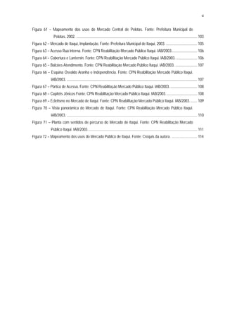 xi
Figura 61 – Mapeamento dos usos do Mercado Central de Pelotas. Fonte: Prefeitura Municipal de
Pelotas, 2002. ............................................................................................................................... 103
Figura 62 – Mercado de Itaqui, Implantação. Fonte: Prefeitura Municipal de Itaqui, 2003.................................. 105
Figura 63 – Acesso Rua Interna. Fonte: CPN Reabilitação Mercado Público Itaqui. IAB/2003........................... 106
Figura 64 – Cobertura e Lanternin. Fonte: CPN Reabilitação Mercado Público Itaqui. IAB/2003. ...................... 106
Figura 65 – Balcões Atendimento. Fonte: CPN Reabilitação Mercado Público Itaqui. IAB/2003. ....................... 107
Figura 66 – Esquina Osvaldo Aranha e Independência. Fonte: CPN Reabilitação Mercado Público Itaqui.
IAB/2003. ......................................................................................................................................... 107
Figura 67 – Pórtico de Acesso. Fonte: CPN Reabilitação Mercado Público Itaqui. IAB/2003. ............................ 108
Figura 68 – Capitéis Jônicos Fonte: CPN Reabilitação Mercado Público Itaqui. IAB/2003................................. 108
Figura 69 – Ecletismo no Mercado de Itaqui. Fonte: CPN Reabilitação Mercado Público Itaqui. IAB/2003........ 109
Figura 70 – Vista panorâmica do Mercado de Itaqui. Fonte: CPN Reabilitação Mercado Público Itaqui.
IAB/2003. ......................................................................................................................................... 110
Figura 71 – Planta com sentidos de percurso do Mercado de Itaqui. Fonte: CPN Reabilitação Mercado
Público Itaqui. IAB/2003................................................................................................................... 111
Figura 72 – Mapeamento dos usos do Mercado Público de Itaqui. Fonte: Croquis da autora. ........................... 114
 