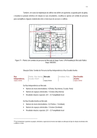 111
Também, em razão da implantação do edifício não definir um quarteirão, ocupando parte da gleba,
e localizar-se posição simétrica em relação às ruas circundantes, escolheu-se apenas um sentido de percurso
para exemplificar a ligação estabelecida entre o meio (ruas de acesso) e o edifício.
Figura 71 – Planta com sentidos de percurso do Mercado de Itaqui. Fonte: CPN Reabilitação Mercado Público
Itaqui. IAB/2003.
Situação Eleita: Sentido de Percurso da Rua Independência à Rua Osvaldo Aranha
Rua
Independência,
Portão, Rua Interna,
Escada, Porta22
Mercado Vestíbulo, Porta Rua Osvaldo
Aranha
espaço exterior espaço interior espaço exterior
Da Rua Independência ao Mercado
Número de níveis intermediários: 4 (Portão, Rua Interna, Escada, Porta)
Número de espaços entretecidos: 1 Enclave (Rua Interna)
Resultado relações espaciais: (4/1 = 4) Tranqüilidade local
Da Rua Osvaldo Aranha ao Mercado
Número de níveis intermediários: 3 (2 Portões, 1 Vestíbulo)
Número de espaços entretecidos: 1 Enclave (Vestíbulo)
Resultado relações espaciais: (3/1 = 3) Tranqüilidade local
22 Este fechamento é posterior ao projeto, entretanto a supressão do mesmo não implica na alteração do tipo de relação encontrada entre
o edifício e o meio.
 