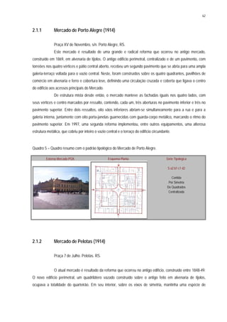 62
2.1.1 Mercado de Porto Alegre (1914)
Praça XV de Novembro, s/n. Porto Alegre, RS.
Este mercado é resultado de uma grande e radical reforma que ocorreu no antigo mercado,
construído em 1869, em alvenaria de tijolos. O antigo edifício perimetral, centralizado e de um pavimento, com
torreões nos quatro vértices e pátio central aberto, recebeu um segundo pavimento que se abria para uma ampla
galeria-terraço voltada para o vazio central. Neste, foram construídos sobre os quatro quadrantes, pavilhões de
comércio em alvenaria e ferro e cobertura leve, definindo uma circulação cruzada e coberta que ligava o centro
do edifício aos acessos principais do Mercado.
De estrutura mista desde então, o mercado manteve as fachadas iguais nos quatro lados, com
seus vértices e centro marcados por ressalto, contendo, cada um, três aberturas no pavimento inferior e três no
pavimento superior. Entre dois ressaltos, oito vãos inferiores abriam-se simultaneamente para a rua e para a
galeria interna, juntamente com oito porta-janelas guarnecidas com guarda-corpo metálico, marcando o ritmo do
pavimento superior. Em 1997, uma segunda reforma implementou, entre outros equipamentos, uma alterosa
estrutura metálica, que cobriu por inteiro o vazio central e o terraço do edifício circundante.
Quadro 5 – Quadro resumo com o padrão tipológico do Mercado de Porto Alegre.
Externa Mercado POA Esquema Planta Série Tipológica
S a2 b1 c1 d2
Contida
Por Simetria
De Quadrados
Centralizada
2.1.2 Mercado de Pelotas (1914)
Praça 7 de Julho. Pelotas. RS.
O atual mercado é resultado da reforma que ocorreu no antigo edifício, construído entre 1848-49.
O novo edifício perimetral, um quadrilátero vazado construído sobre o antigo feito em alvenaria de tijolos,
ocupava a totalidade do quarteirão. Em seu interior, sobre os eixos de simetria, mantinha uma espécie de
 