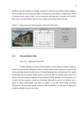 68
definida por dois eixos principais de circulação, orientados no sentido das duas fachadas principais, ligando o
interior do edifício aos seus acessos para público. A composição de suas fachadas é configurada pelo ressalto
dos grandes torreões, quatro no total e com três pavimentos, deslocados para uma posição mais central da
planta, sobre os acessos principais. Sobre os torreões, cúpulas, encimadas por lanternas de cobre.
Quadro 12 – Quadro resumo com o padrão tipológico do Mercado de São Paulo
Externa Mercado São Paulo Esquema Planta Série Tipológica
S a3 b1 c2 d1
Agregada
Por simetria
De Retângulos
Linear
2.3.3 Mercado Modelo (1863)
Praça. Cairú - Cidade Baixa, Salvador, BA.
O edifício onde hoje se encontra o Mercado Modelo, no centro histórico de Salvador, abrigou por
mais de um século o prédio da alfândega, uma obra considerada audaciosa para a época, por ter sido construída
em três pavimentos, inteiramente dentro do mar. O Mercado Modelo funcionou neste local desde 1971, quando
foi interrompido por um destruidor incêndio ocorrido em janeiro de 1984. Em dezembro deste mesmo ano o
edifício já havia sido devolvido à população. O corpo principal do edifício, distribuído em três pavimentos e um
mezanino, tem forma quadrada e possui uma meia-rotunda adicionada em uma de suas fachadas, que se
projeta do edifício, proporcionando uma espécie de galeria na sua parte inferior (antigo atracadouro
embarcações), e terraço na parte superior. A cobertura, sobre o quadrilátero é em duas águas, e independente
da coberta da rotunda, neste caso semicircular.
 