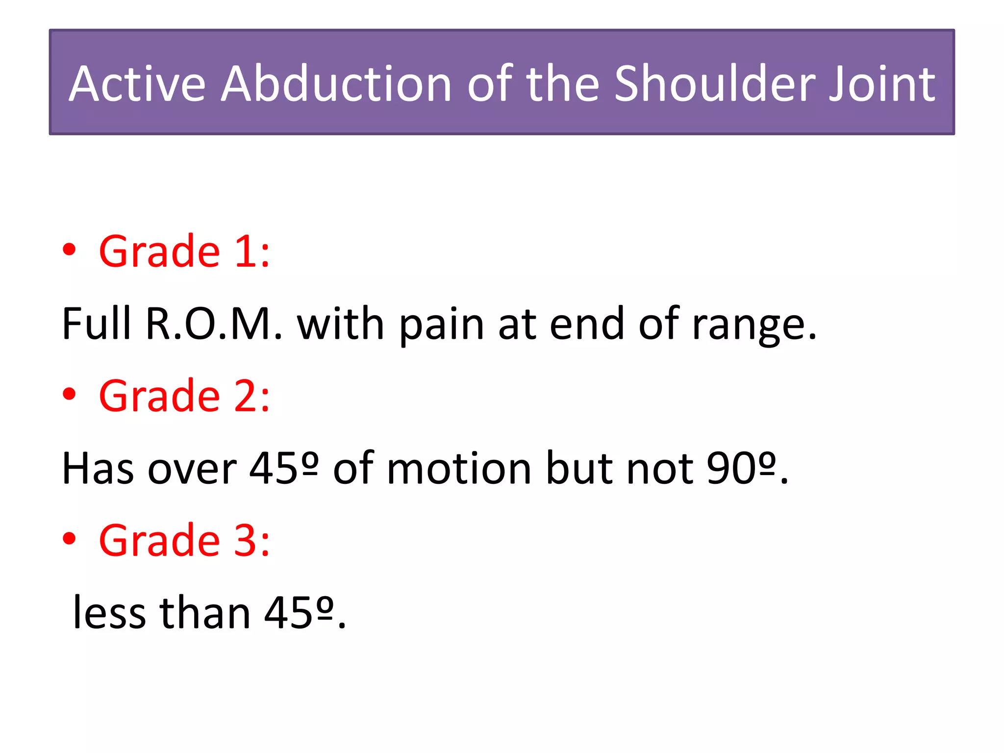 Active Abduction of the Shoulder Joint
• Grade 1:
Full R.O.M. with pain at end of range.
• Grade 2:
Has over 45º of motion but not 90º.
• Grade 3:
less than 45º.
 