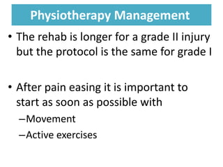 Physiotherapy Management
Physiotherapy Management
• The rehab is longer for a grade II injury
but the protocol is the same for grade I
• After pain easing it is important to
start as soon as possible with
–Movement
–Active exercises
 