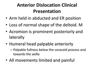 Anterior Dislocation Clinical
Presentation
• Arm held in abducted and ER position
• Loss of normal shape of the deltoid. M
• Acromion is prominent posteriorly and
laterally
• Humeral head palpable anteriorly
– Palpable fullness below the coracoid process and
towards the axilla
• All movements limited and painful
 