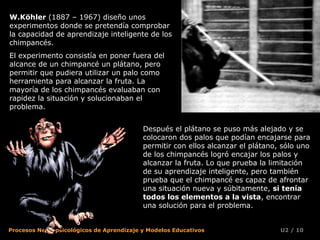 W.Köhler (1887 – 1967) diseño unos
experimentos donde se pretendía comprobar
la capacidad de aprendizaje inteligente de los
chimpancés.
El experimento consistía en poner fuera del
alcance de un chimpancé un plátano, pero
permitir que pudiera utilizar un palo como
herramienta para alcanzar la fruta. La
mayoría de los chimpancés evaluaban con
rapidez la situación y solucionaban el
problema.
Después el plátano se puso más alejado y se
colocaron dos palos que podían encajarse para
permitir con ellos alcanzar el plátano, sólo uno
de los chimpancés logró encajar los palos y
alcanzar la fruta. Lo que prueba la limitación
de su aprendizaje inteligente, pero también
prueba que el chimpancé es capaz de afrontar
una situación nueva y súbitamente, si tenía
todos los elementos a la vista, encontrar
una solución para el problema.
Procesos Neuropsicológicos de Aprendizaje y Modelos Educativos

U2 / 10

 