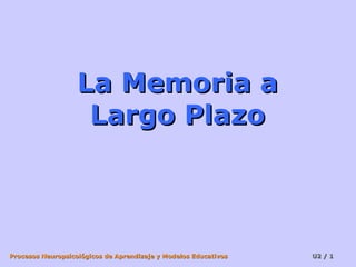 La Memoria a
Largo Plazo

Procesos Neuropsicológicos de Aprendizaje y Modelos Educativos

U2 / 1

 