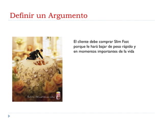 Definir un Argumento El cliente debe comprar Slim Fast porque le hará bajar de peso rápido y en momentos importantes de la vida 