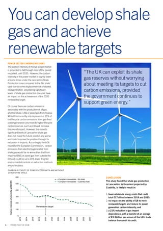 You can develop shale 
gas and achieve 
renewable targets 
Power sector carbon emissions 
The carbon intensity of the GB power market 
is projected to fall through most of the period 
modelled, until 2035. However, the carbon 
intensity of the power market is slightly lower 
at some times under the Lancashire Shale 
Production case compared to the ‘No shale’ 
case due to some displacement of unabated 
coal generation. Developing significant 
levels of shale gas production does not have 
an impact on the achievement of the 2020 
renewables target. 
Of course there are carbon emissions 
associated with the production of all gas, 
whether shale, LNG or piped gas from Russia. 
Whilst this currently only represents c.15% of 
the lifecycle carbon emissions from gas-fired 
power generation any move to higher lifecycle 
carbon sources, such as LNG will increase 
the overall impact. However, the move to 
significant levels of Lancashire shale gas 
does not make the future position any worse 
and could improve the position through its 
reduction in imports. According to the AEA 
report for the European Commission, carbon 
emissions from electricity generated from 
shale gas would be no worse than that from 
imported LNG or piped gas from outside the 
EU and could be up to 10% lower if tighter 
environmental controls on extraction methods 
are put in place. 
600 
500 
400 
300 
200 
100 
6 | PÖYRY POINT OF VIEW COPYRIGHT©PÖYRY 
“The UK can exploit its shale 
gas reserves without worrying 
about meeting its targets to cut 
carbon emissions, provided 
the government continues to 
support green energy.” 
PÖYRY POWERPOINT 2010 TEMPLATE 15 
17 JANUARY 2012 
0 
2012 
2014 
2016 
2018 
2020 
2022 
2024 
2026 
2028 
2030 
2032 
2034 
Carbon intensity of electrcity gCO2/kWh 
Compliant renewables - No shale 
Compliant renewables - Cuadrilla shale 
Renewables target 
Page 6 picture 1 
CARBON INTENSITY OF POWER SECTOR WITH AND WITHOUT 
LANCASHIRE SHALE 
Conclusion 
This study found that shale gas production 
in Lancashire, to the extent projected by 
Cuadrilla, is likely to result in: 
1. lower wholesale energy costs that could 
total £17billion between 2014 and 2035; 
2. no impact on the ability of GB to meet 
renewable targets and reduce its power 
generation carbon intensity; and 
3. a 21% reduction in gas import 
dependence, with a transfer of an average 
of £3.3billion per annum of the UK’s trade 
balance from debit to credit. 
 
