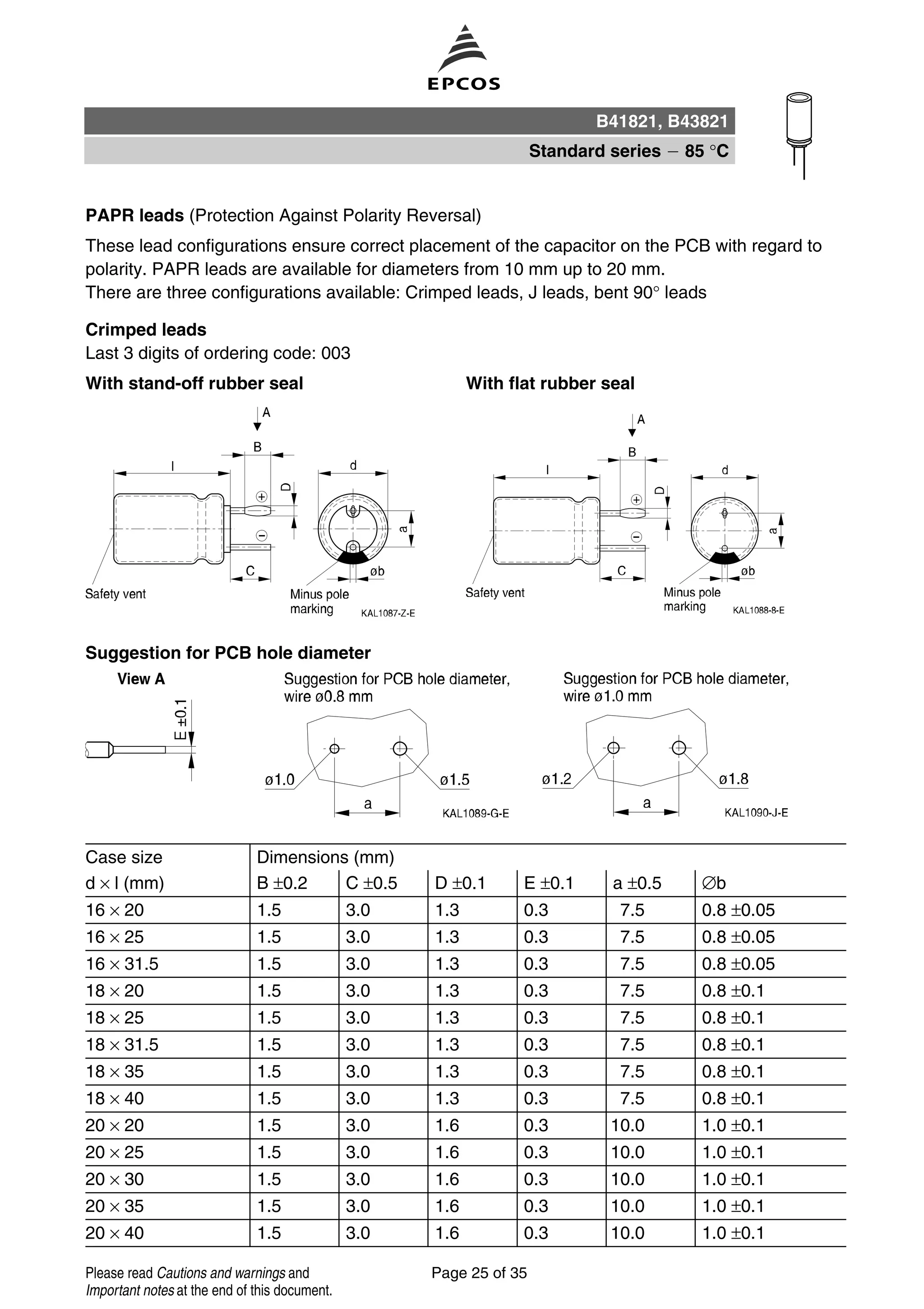 PAPR leads (Protection Against Polarity Reversal)
These lead configurations ensure correct placement of the capacitor on the PCB with regard to
polarity. PAPR leads are available for diameters from 10 mm up to 20 mm.
There are three configurations available: Crimped leads, J leads, bent 90° leads
Crimped leads
Last 3 digits of ordering code: 003
With stand-off rubber seal With flat rubber seal
Suggestion for PCB hole diameter
Case size Dimensions (mm)
d × l (mm) B ±0.2 C ±0.5 D ±0.1 E ±0.1 a ±0.5 ∅b
16 × 20 1.5 3.0 1.3 0.3 7.5 0.8 ±0.05
16 × 25 1.5 3.0 1.3 0.3 7.5 0.8 ±0.05
16 × 31.5 1.5 3.0 1.3 0.3 7.5 0.8 ±0.05
18 × 20 1.5 3.0 1.3 0.3 7.5 0.8 ±0.1
18 × 25 1.5 3.0 1.3 0.3 7.5 0.8 ±0.1
18 × 31.5 1.5 3.0 1.3 0.3 7.5 0.8 ±0.1
18 × 35 1.5 3.0 1.3 0.3 7.5 0.8 ±0.1
18 × 40 1.5 3.0 1.3 0.3 7.5 0.8 ±0.1
20 × 20 1.5 3.0 1.6 0.3 10.0 1.0 ±0.1
20 × 25 1.5 3.0 1.6 0.3 10.0 1.0 ±0.1
20 × 30 1.5 3.0 1.6 0.3 10.0 1.0 ±0.1
20 × 35 1.5 3.0 1.6 0.3 10.0 1.0 ±0.1
20 × 40 1.5 3.0 1.6 0.3 10.0 1.0 ±0.1
B41821, B43821
Standard series 85 °C
Page 25 of 35Please read Cautions and warnings and
Important notes at the end of this document.
 