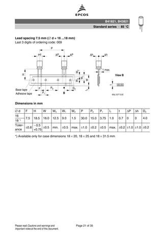 Lead spacing 7.5 mm (∅ d = 16 ...18 mm)
Last 3 digits of ordering code: 009
Dimensions in mm
∅ d F H W W0 W1 W2 P P0 P1 I1 t ∆P ∆h D0
16
7.5 18.5 18.0 12.5 9.0 1.5 30.0 15.0 3.75 1.0 0.7 0 0 4.0
18 *)
Toler-
ance
±0.8
0.5
+0.75
±0.5 min. ±0.5 max. ±1.0 ±0.2 ±0.5 max. ±0.2 ±1.0 ±1.0 ±0.2
*) Available only for case dimensions 18 × 20, 18 × 25 and 18 × 31.5 mm
B41821, B43821
Standard series 85 °C
Page 21 of 35Please read Cautions and warnings and
Important notes at the end of this document.
 